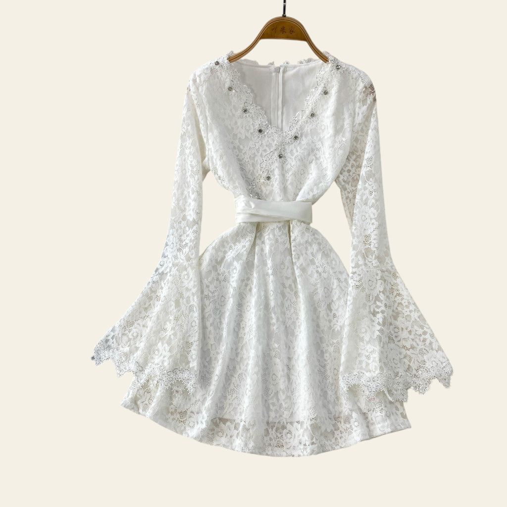 White lace V-neck A-line midi dress flat lay