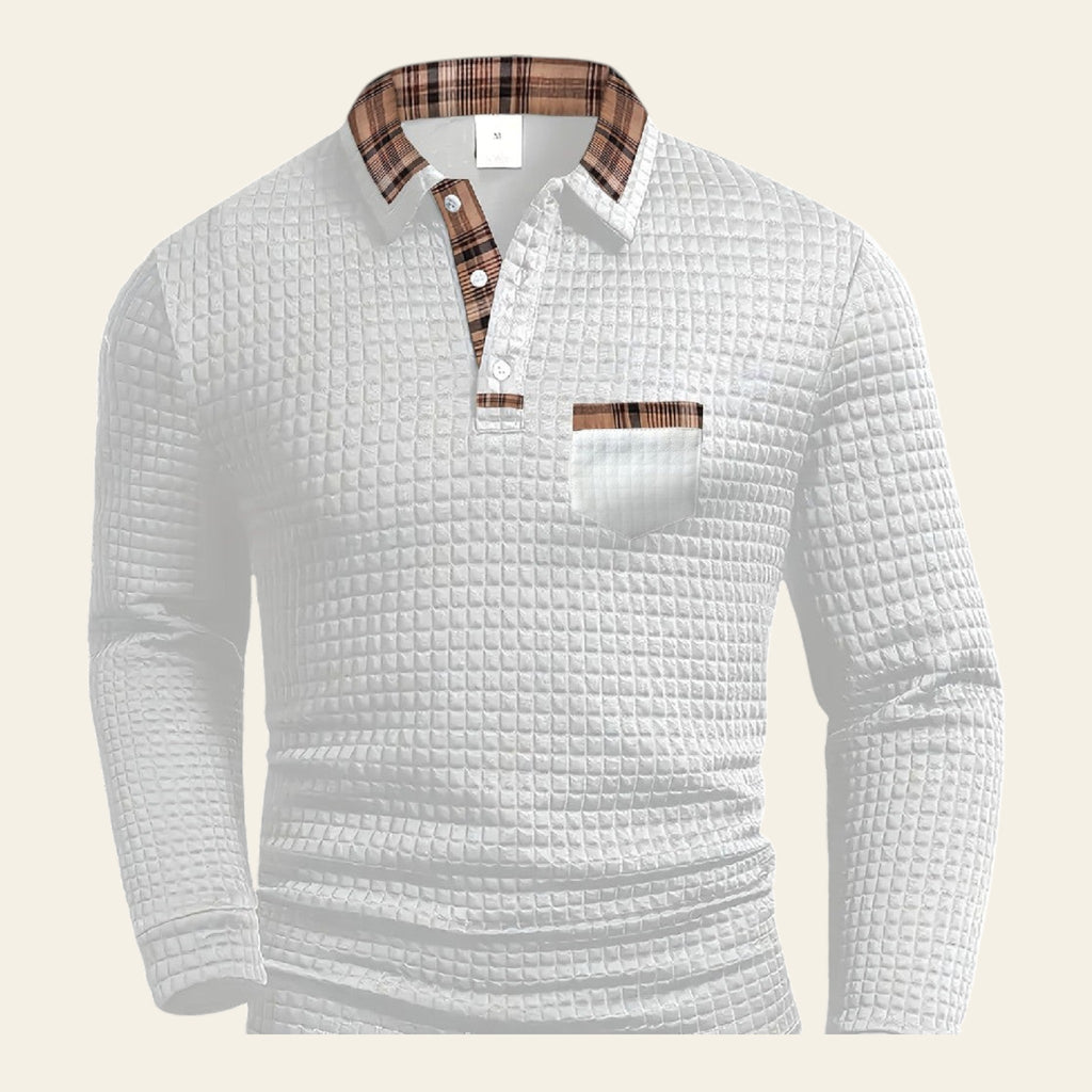 Men's textured long sleeve shirt with plaid collar- White color