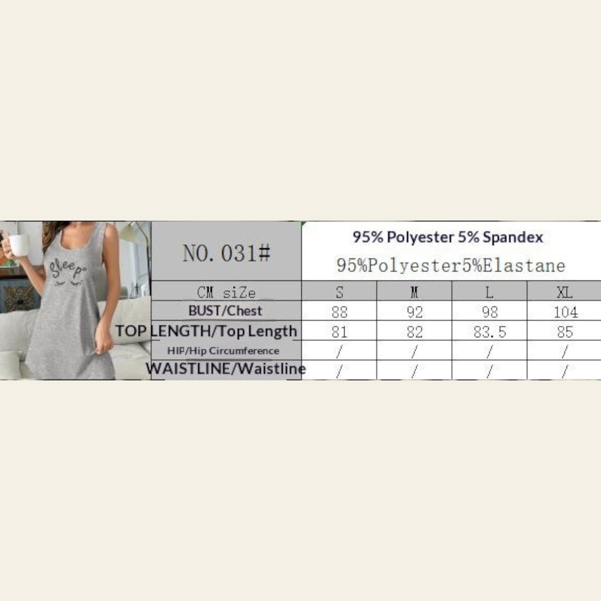 Size chart for sleeveless casual dress showing bust and top length measurements for sizes S,M,L and XL