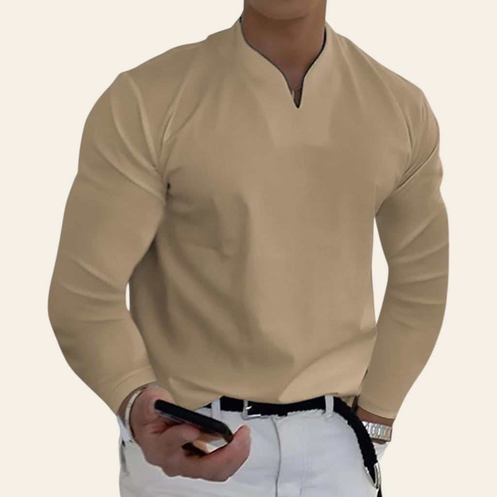 Man wearing a khaki V-neck long sleeve breathable T-shirt