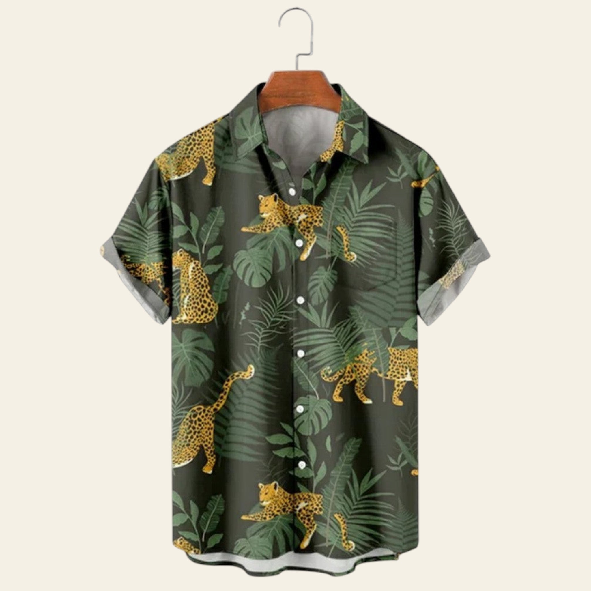 Dark green men's short sleeve shirt with leopard and tropical leaf print, casual lapel shirt