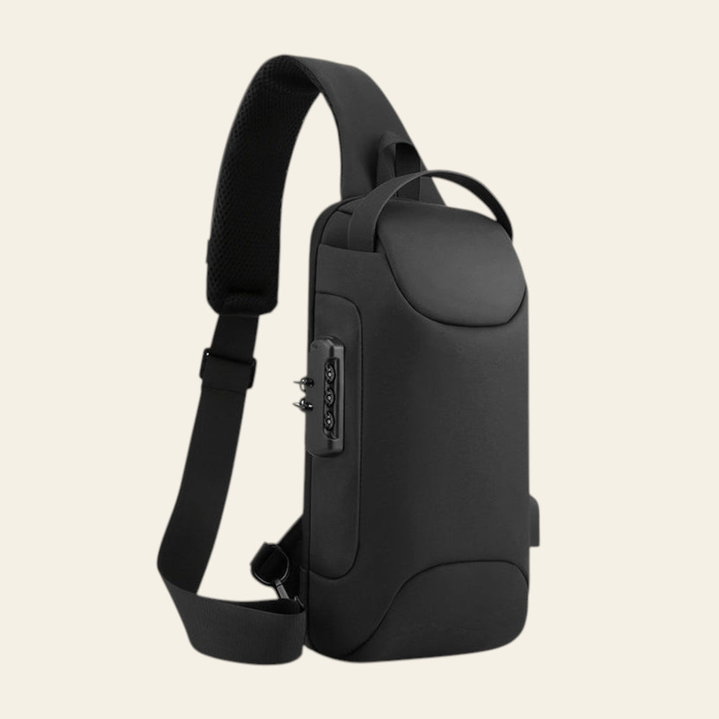 Black sling bag on a white background