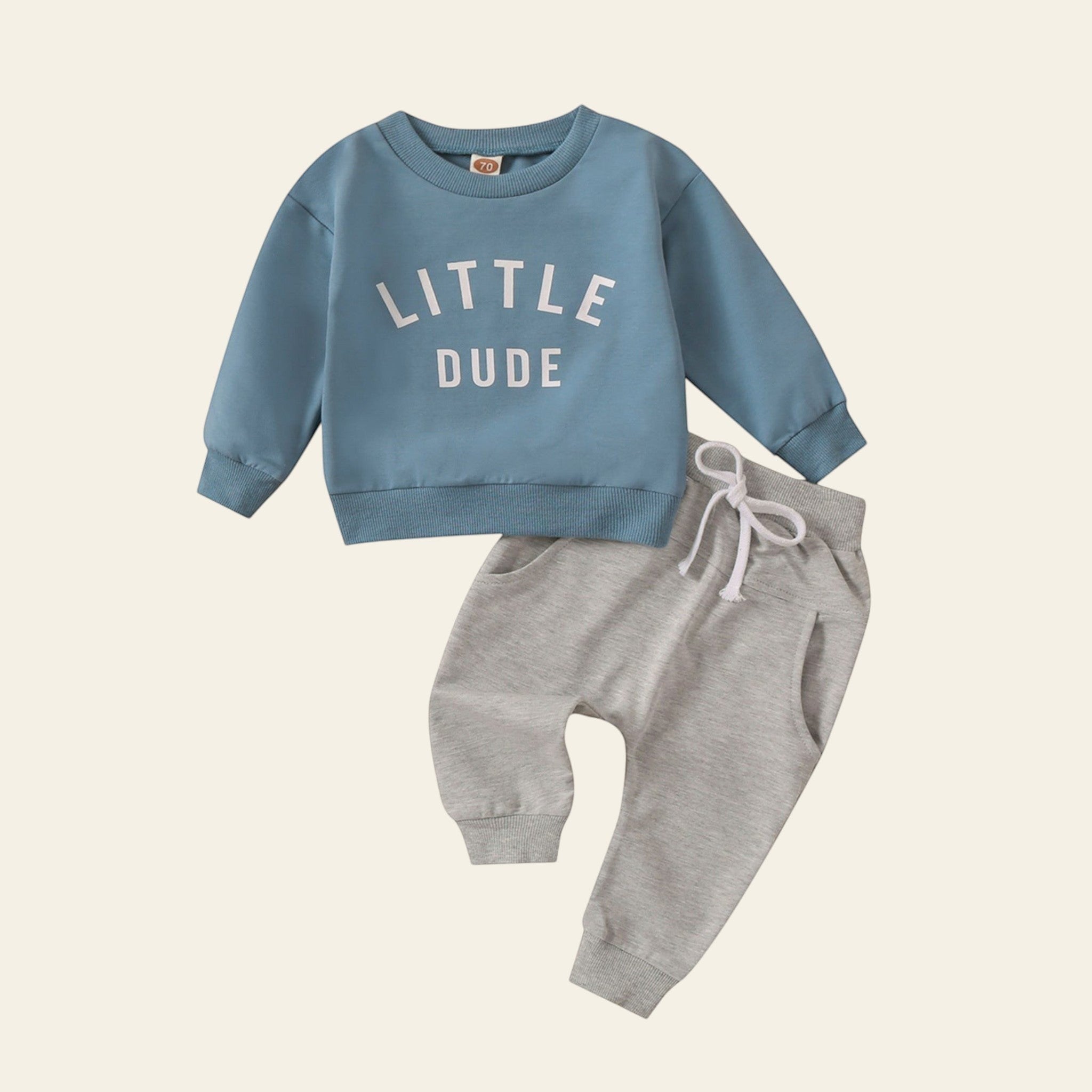 Children's blue sweatshirt and gray pants set with 'LITTLE DUDE' text on a white background