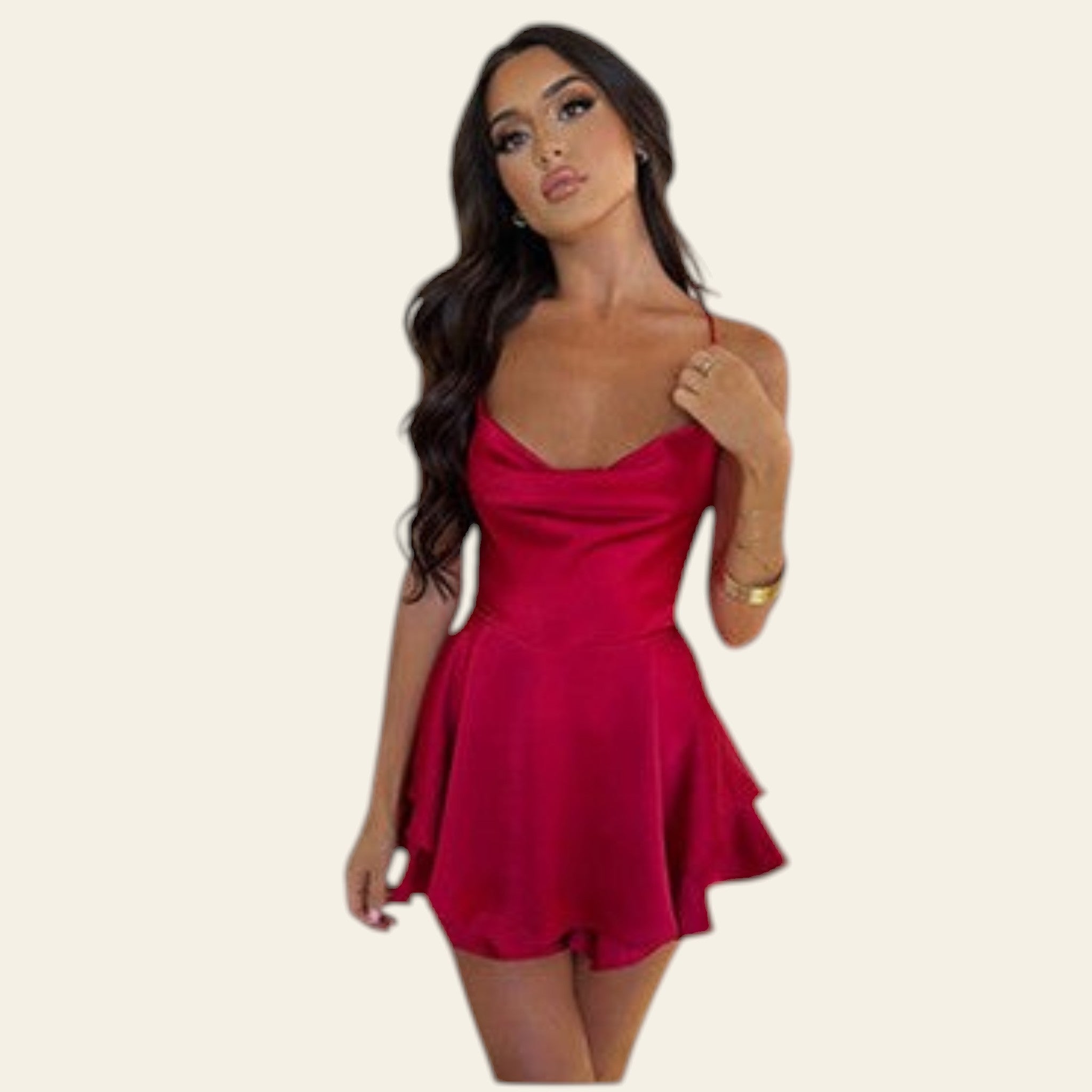 Woman in a red dress on the left, diamond bracelet on the right