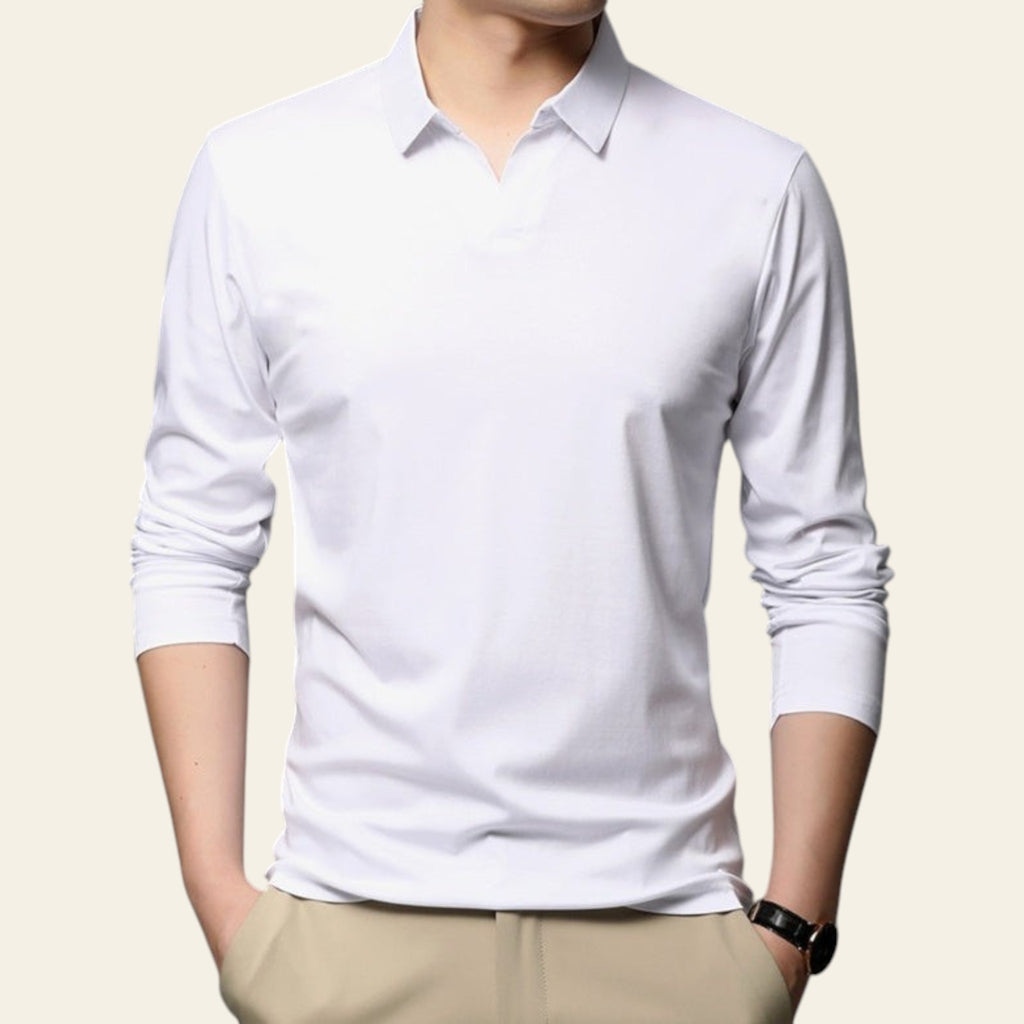 Men wearing solid white cotton long sleeve lapel shirt