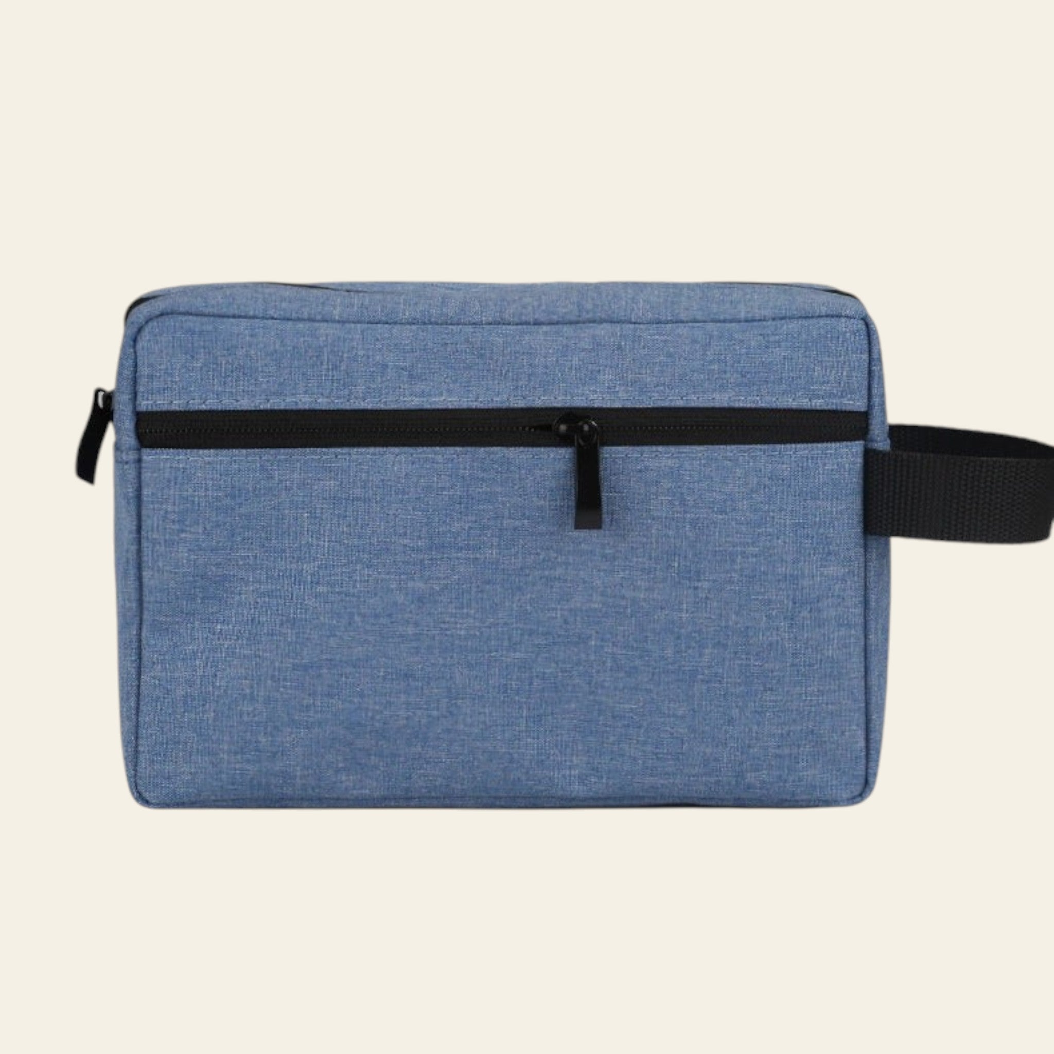 Blue toiletry bag with a black strap on a white background
