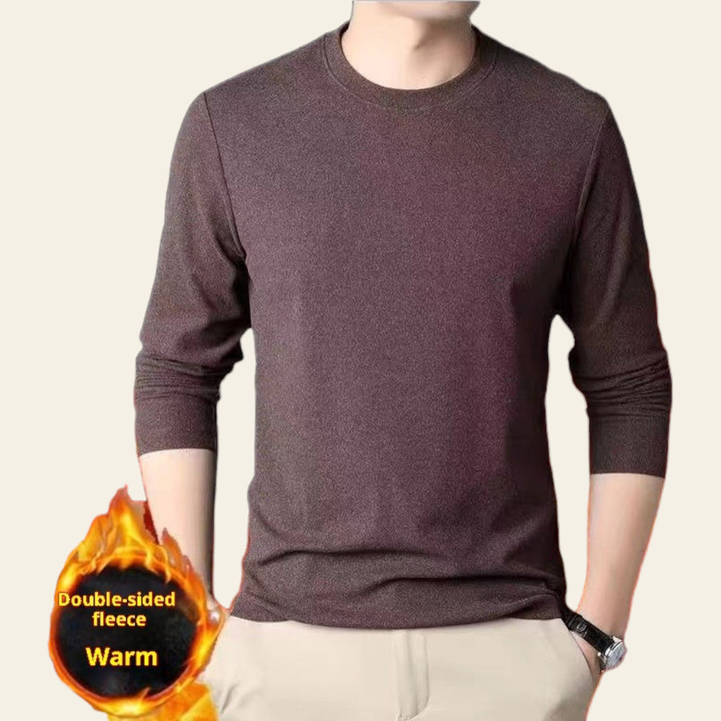 Mannequin wearing a coffee-colored double-sided fleece crewneck sweater
