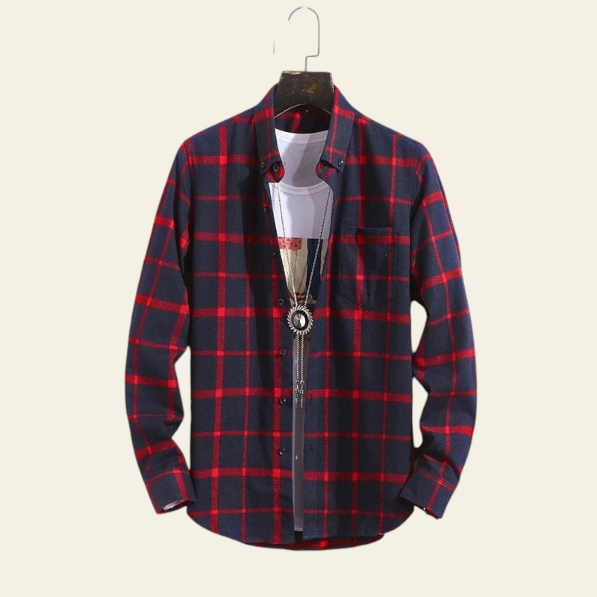 Red and blue plaid men's casual long sleeve shirt on hanger
