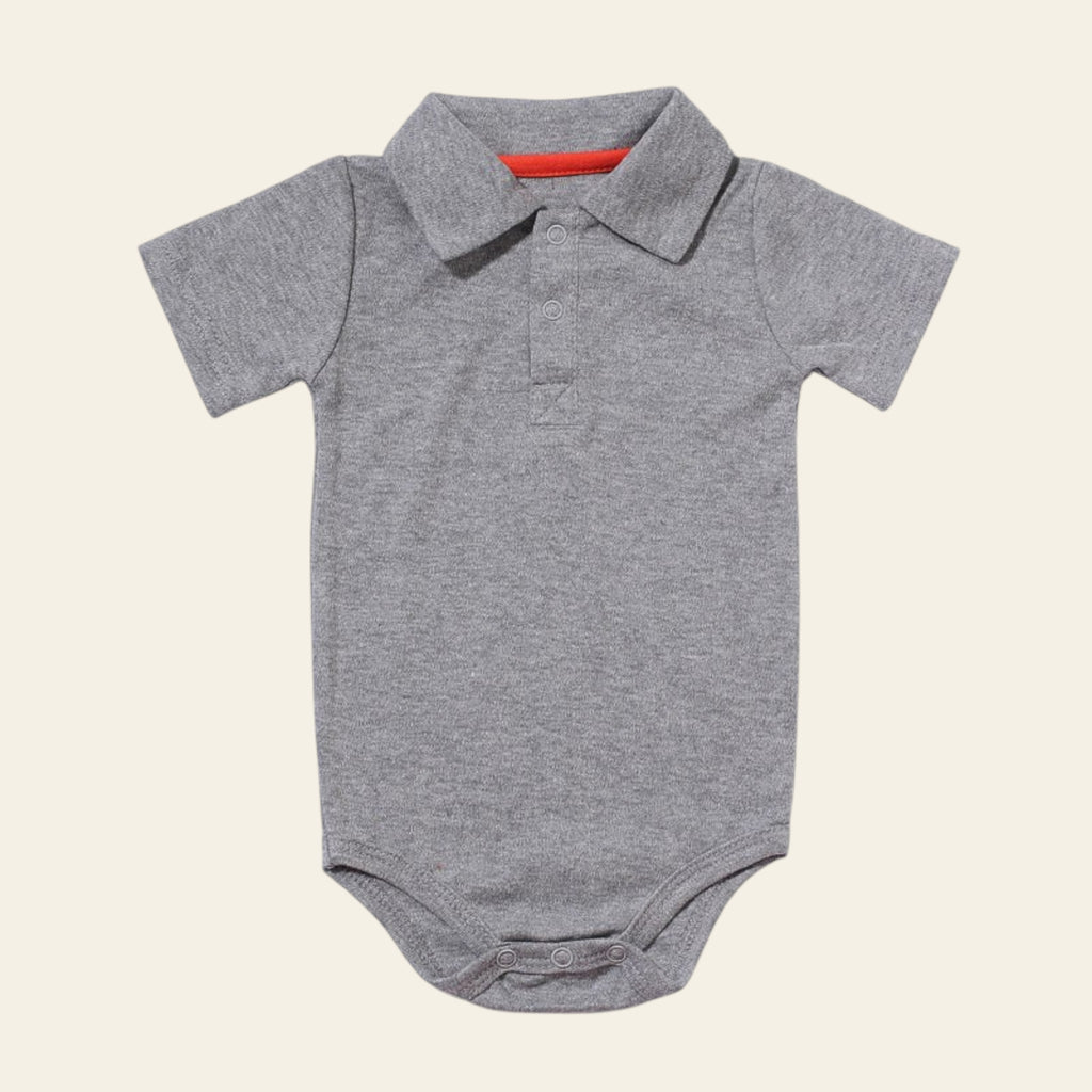 Gray baby onesie with a collar on a white background