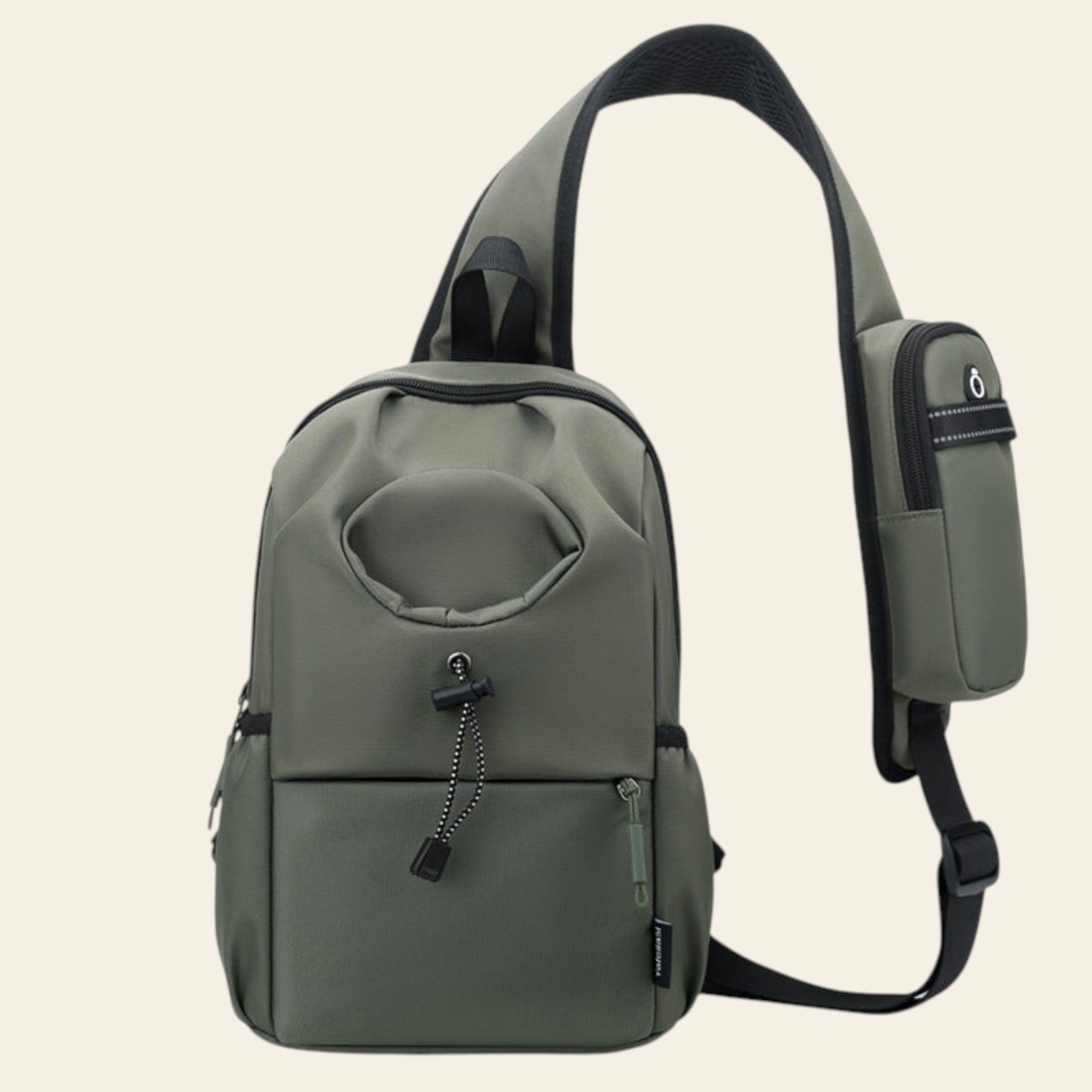 Green sling bag with black straps on a white background