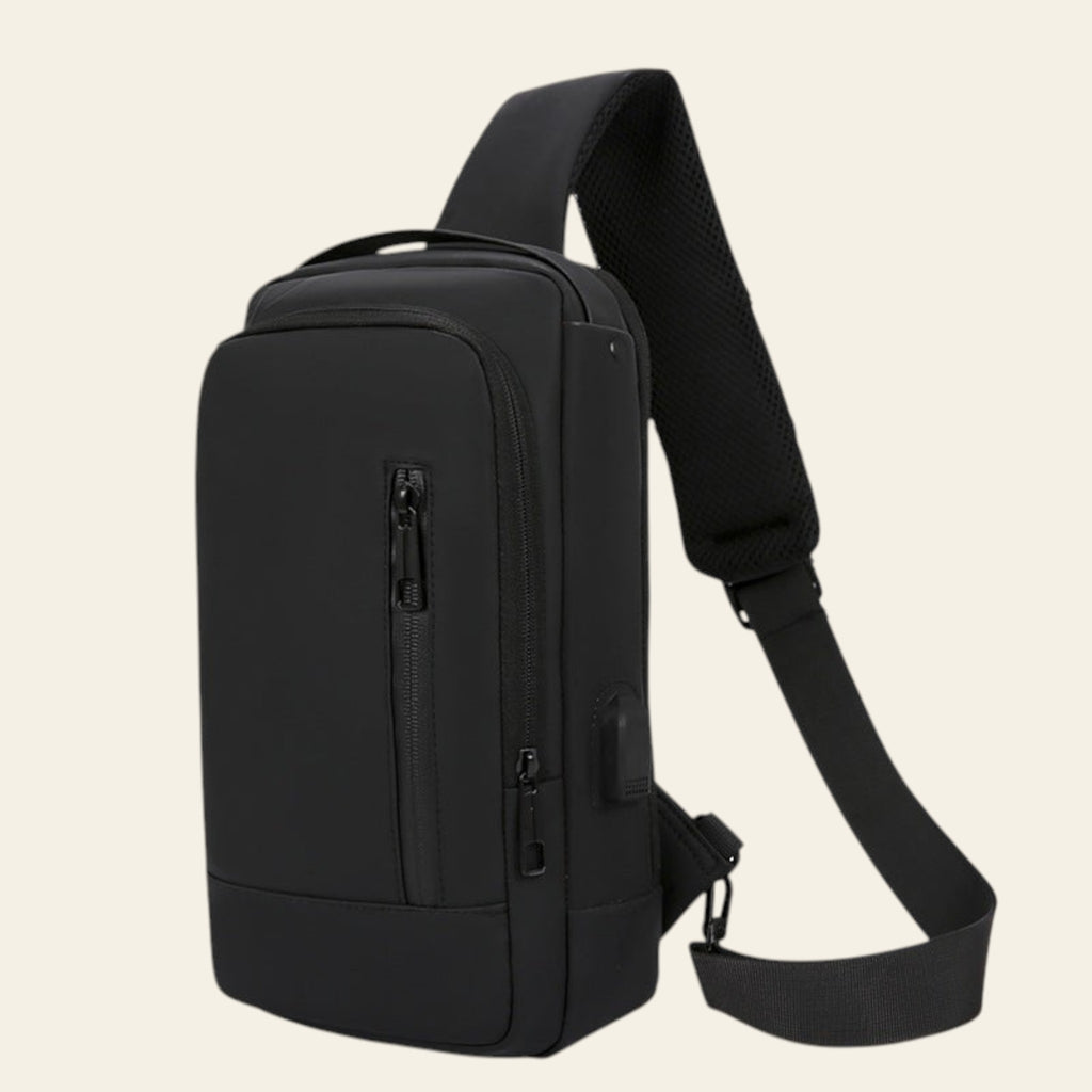 Black sling bag on a white background