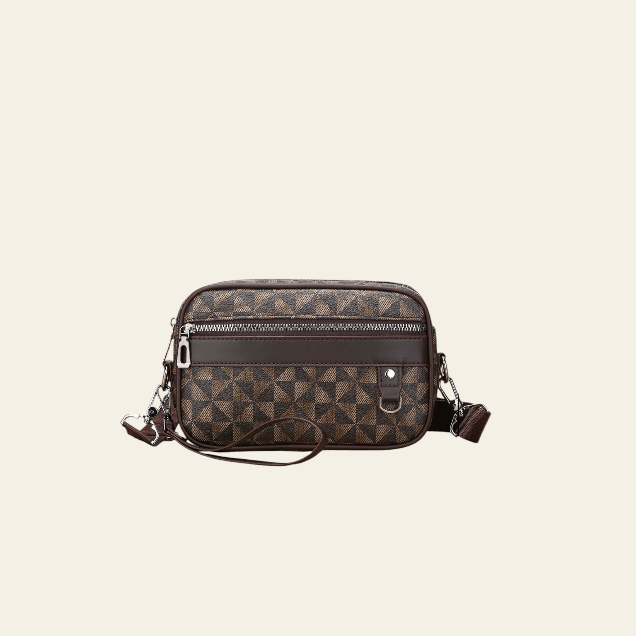 Brown patterned crossbody bag with measurements on a wooden surface