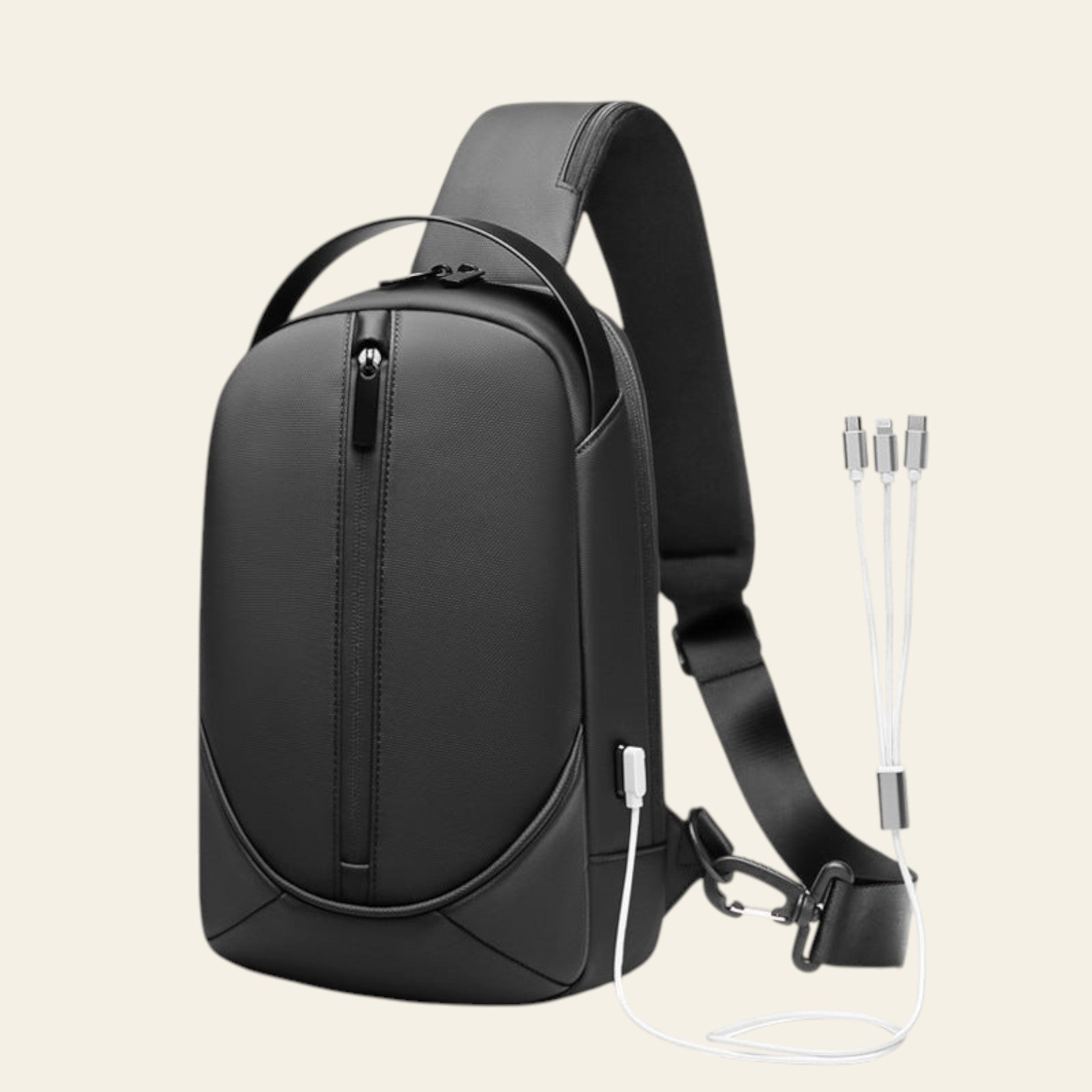 Black sling bag with USB port and charging cable on a white background