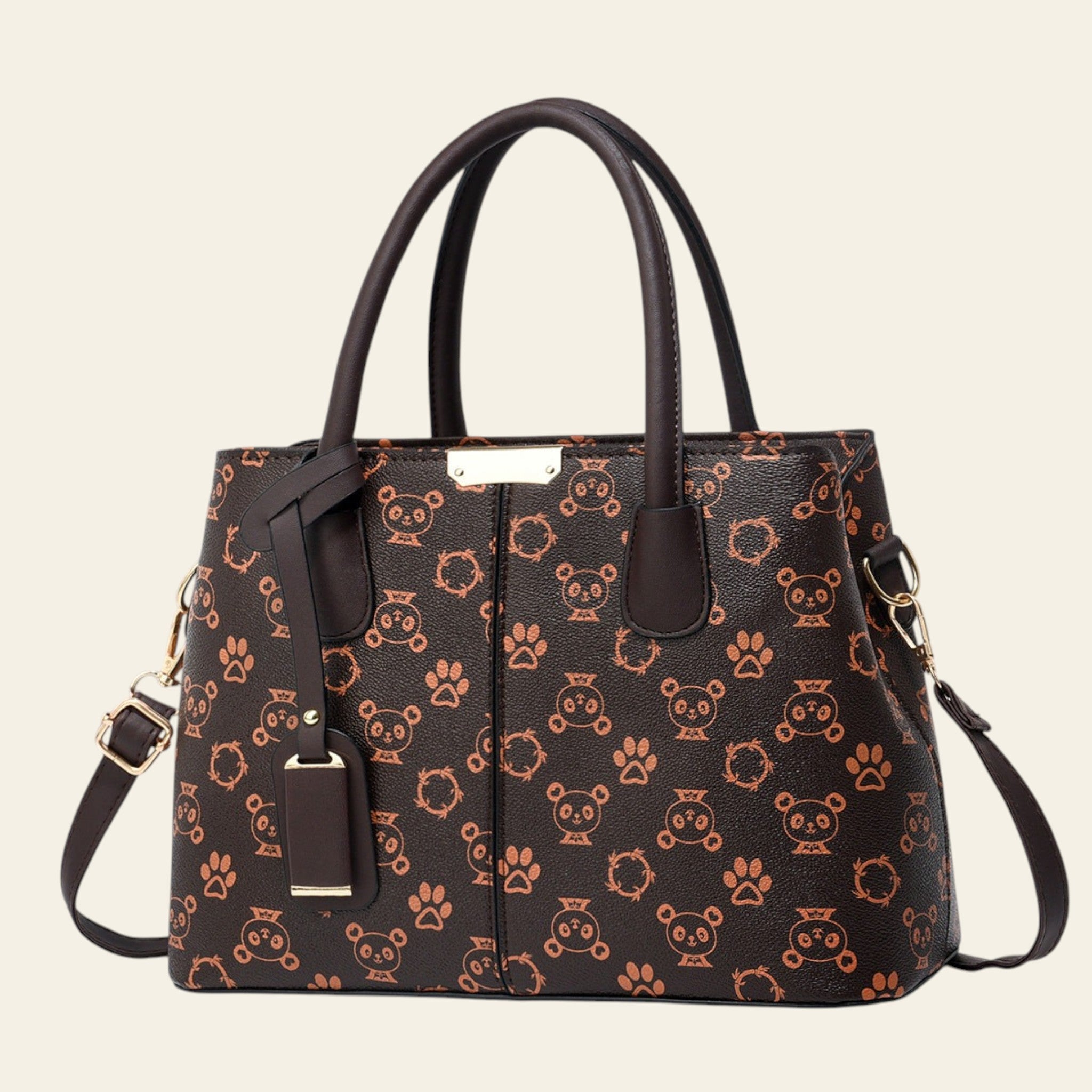 Brown handbag with animal pattern on a white background