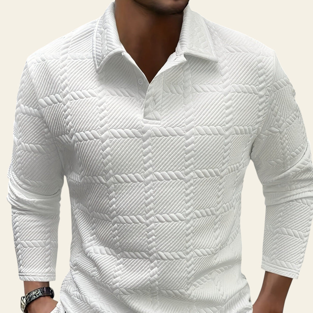 Men wearing white textured long sleeve polo shirt