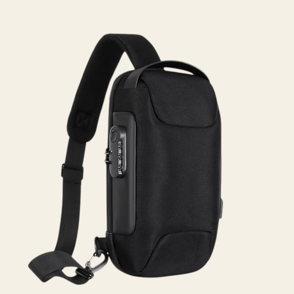 Black sling bag with USB port on a white background