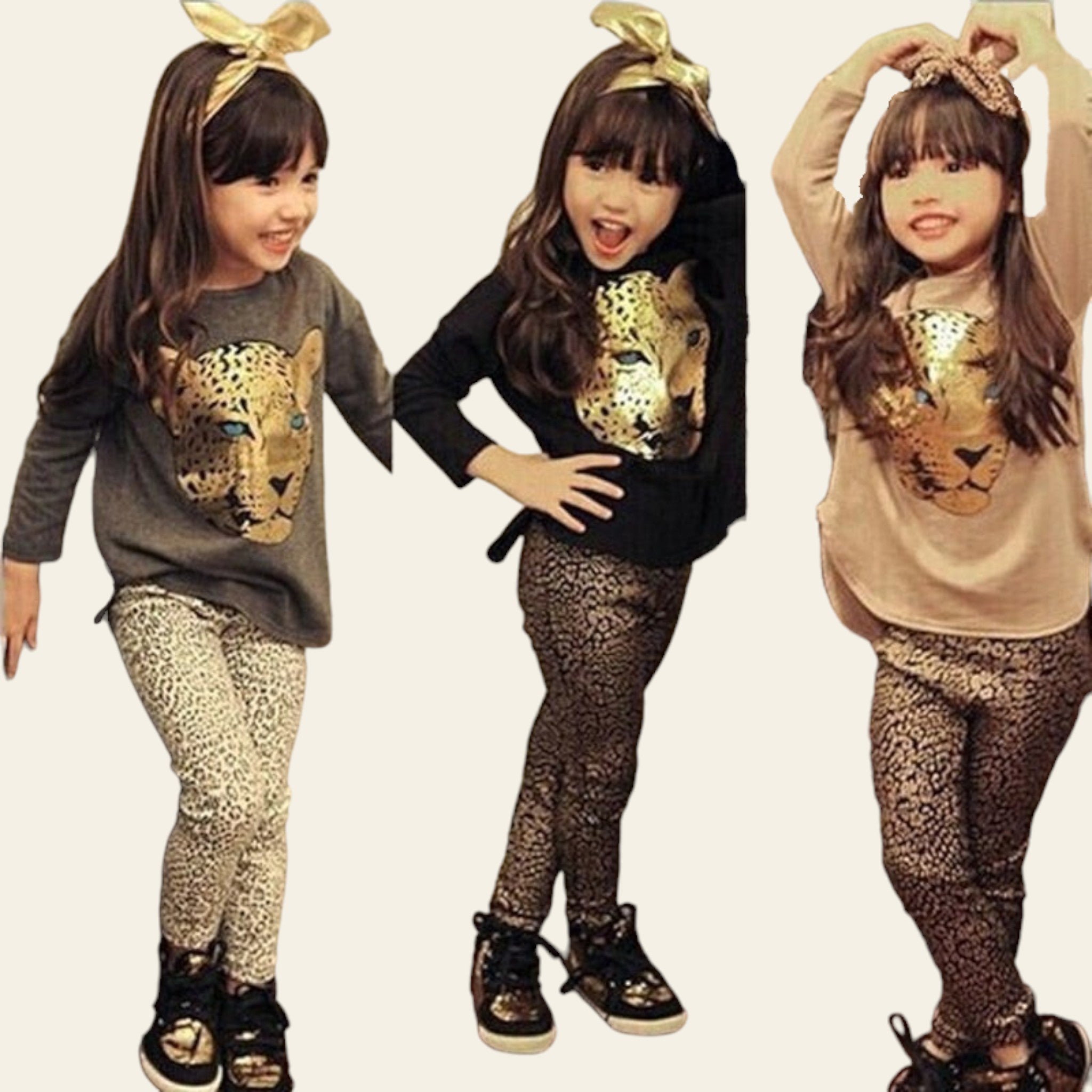 Three images of a child wearing a leopard print outfit with sequin details.