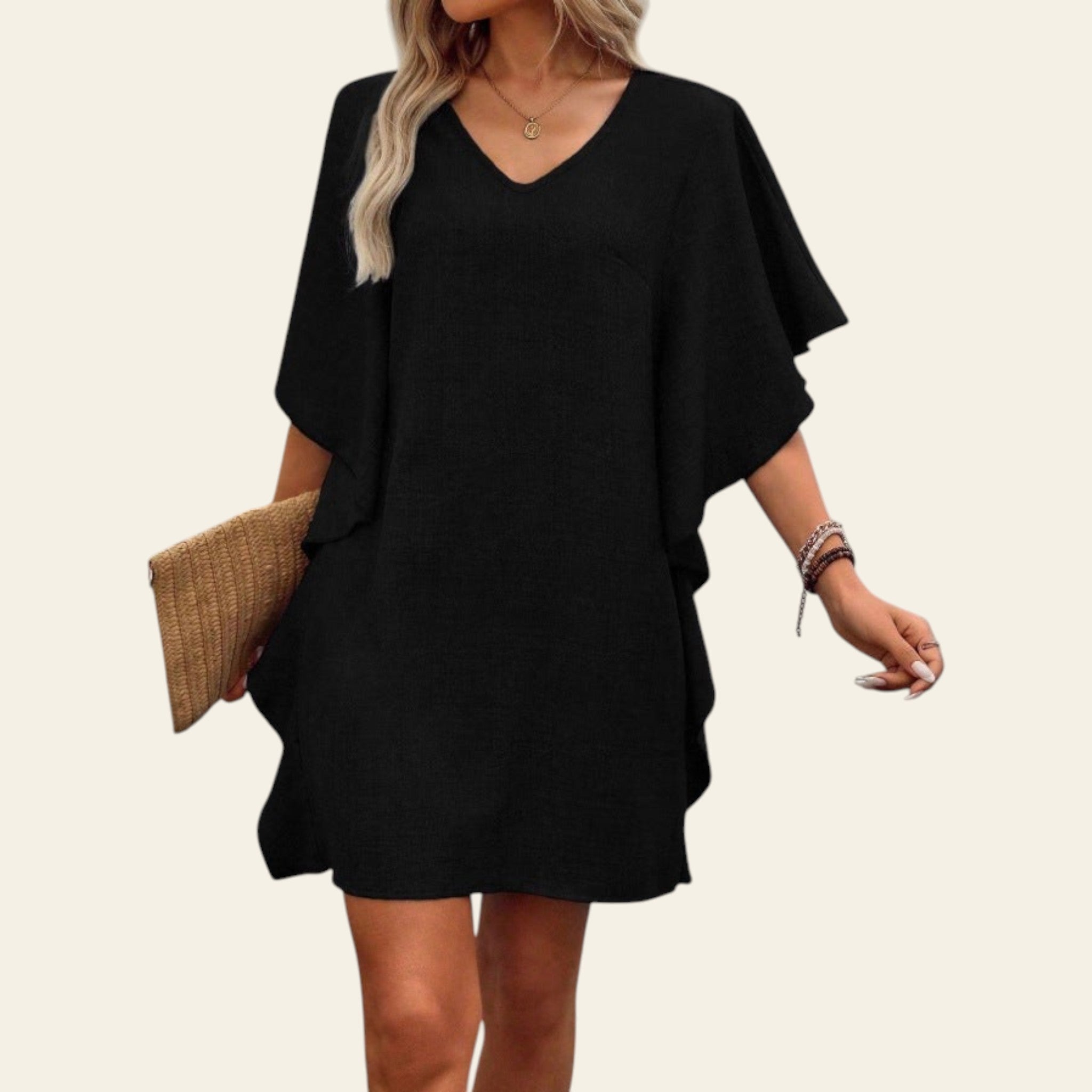Women's black loose-fit V-neck casual dress