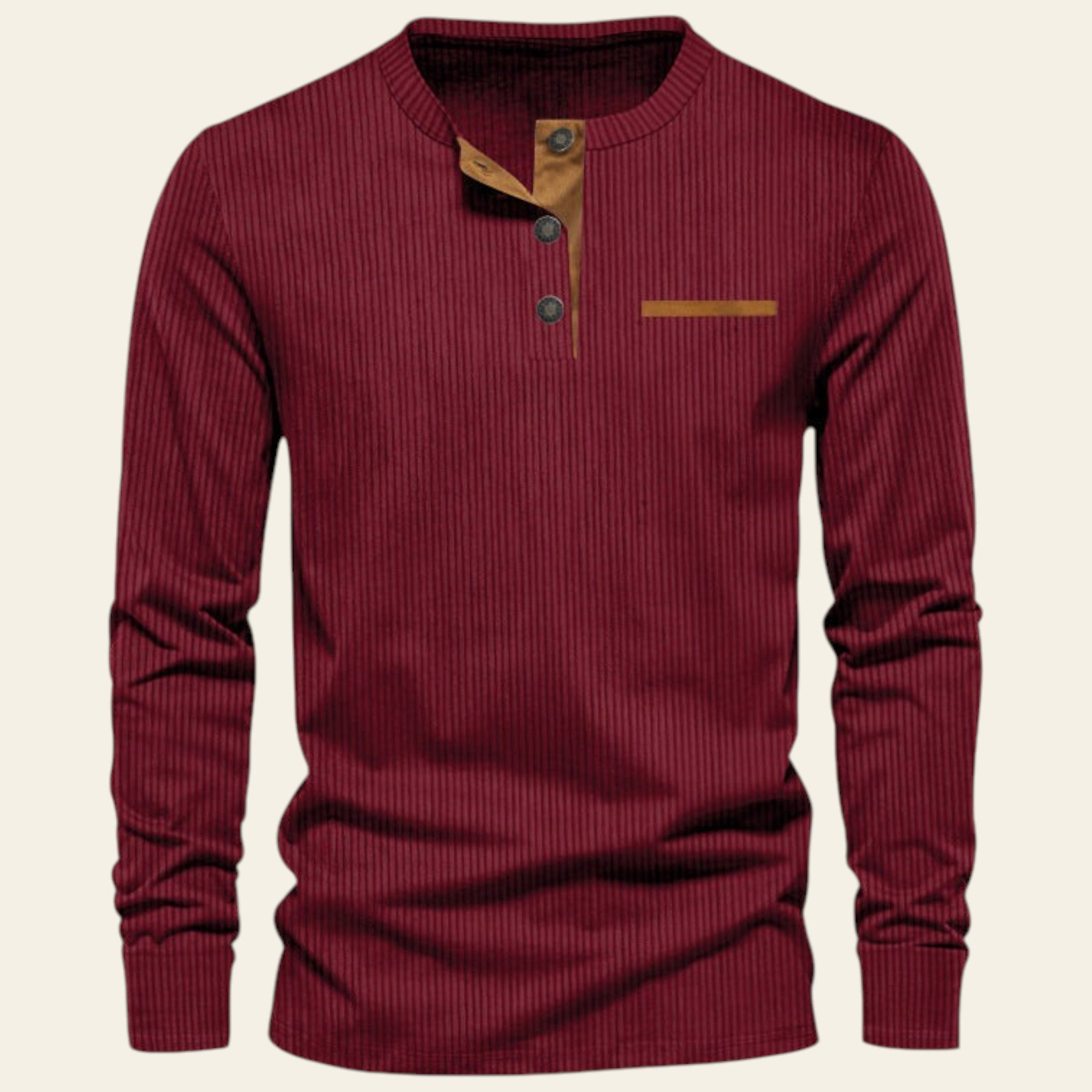 Maroon long-sleeve shirt with brown buttons and pocket on a white background