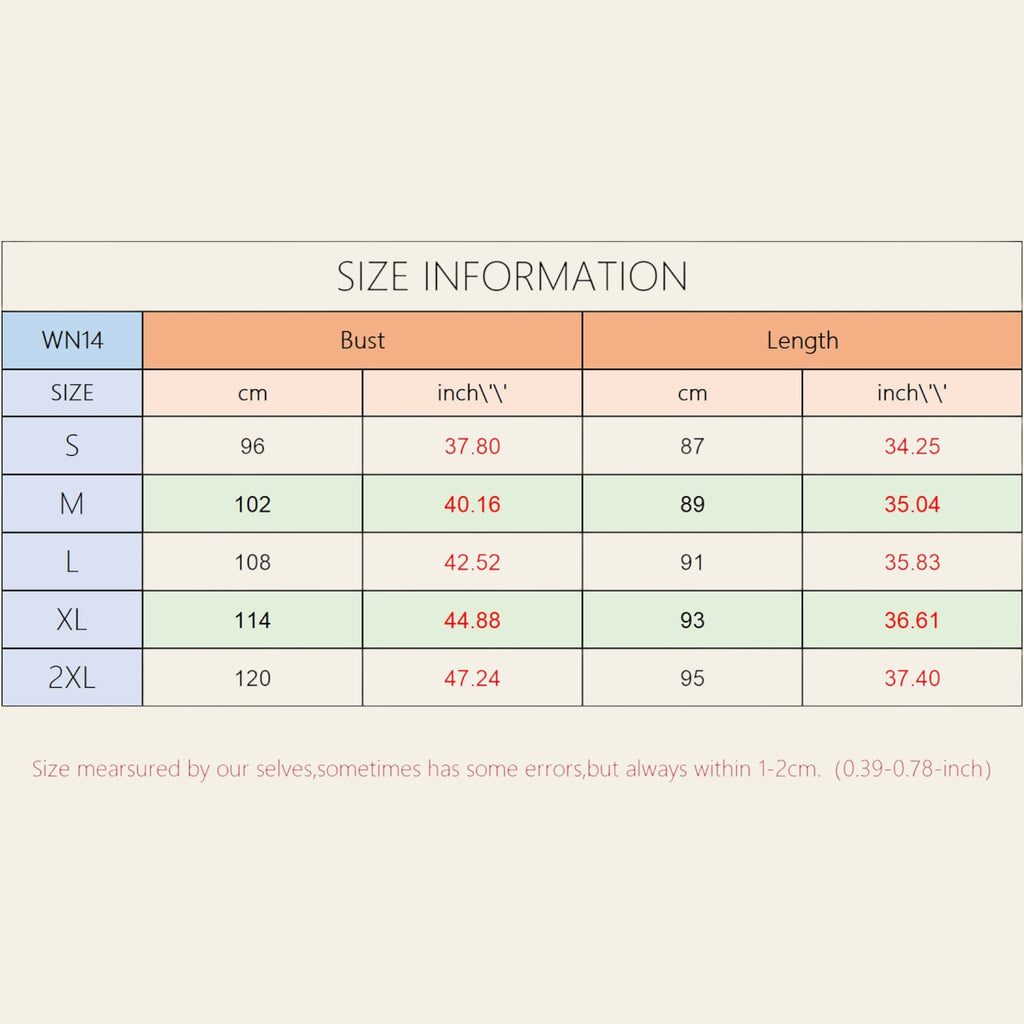 Woman's dress size chart showing sizes S,M,L,XL and 2XL with bust and length measurements in centimeters and inches
