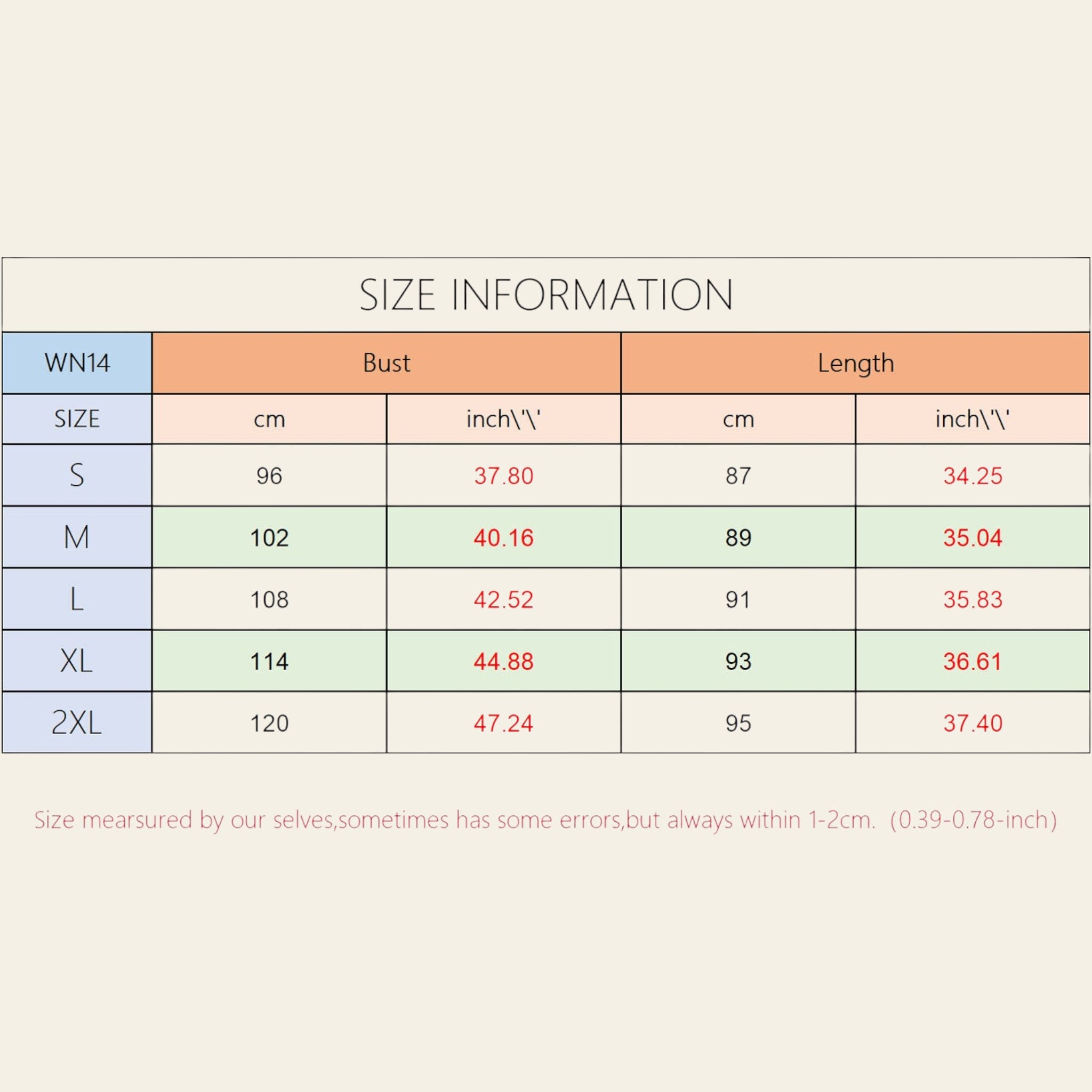Woman's dress size chart showing sizes S,M,L,XL and 2XL with bust and length measurements in centimeters and inches