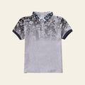 Gray polo shirt with floral collar on a striped surface