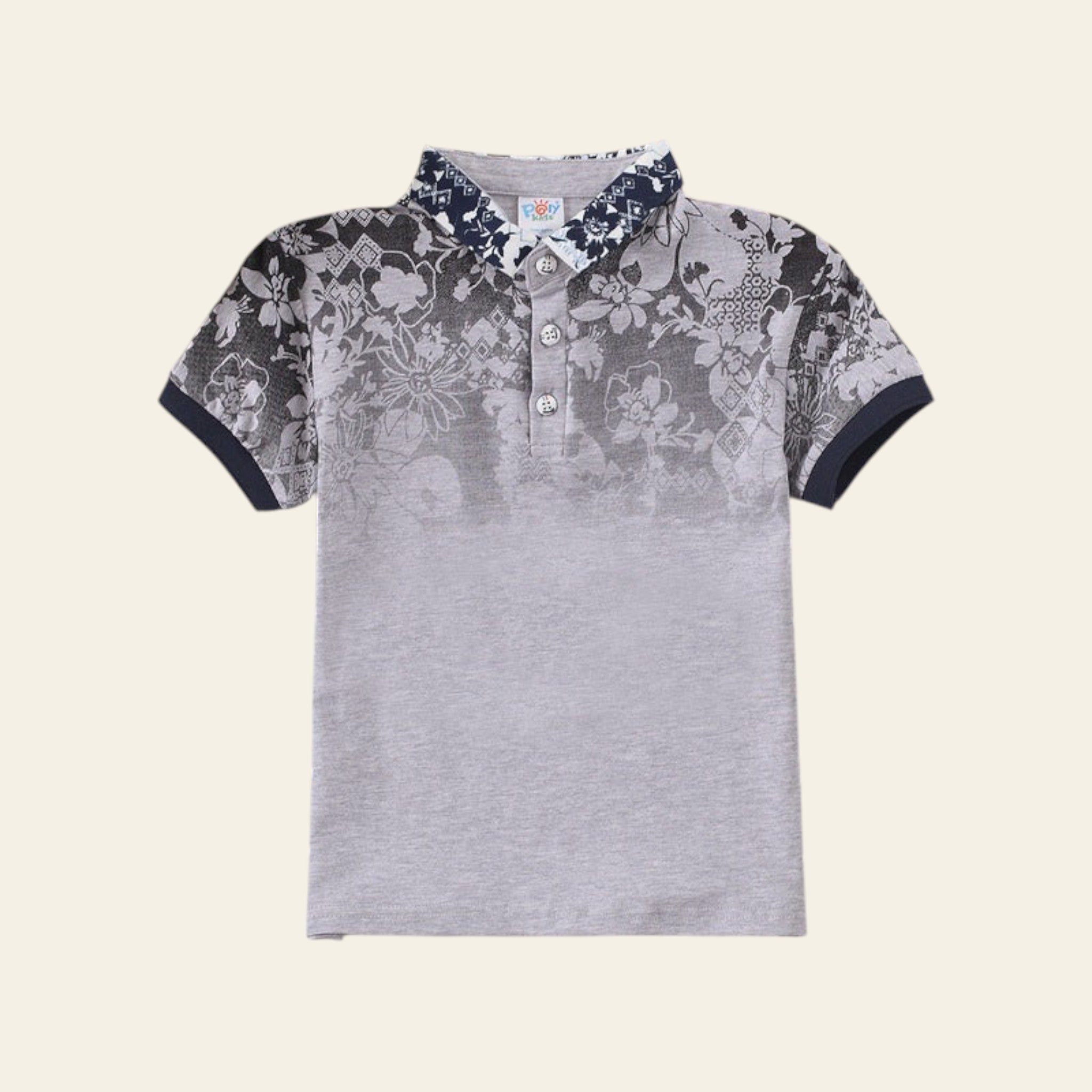 Gray polo shirt with floral collar on a striped surface