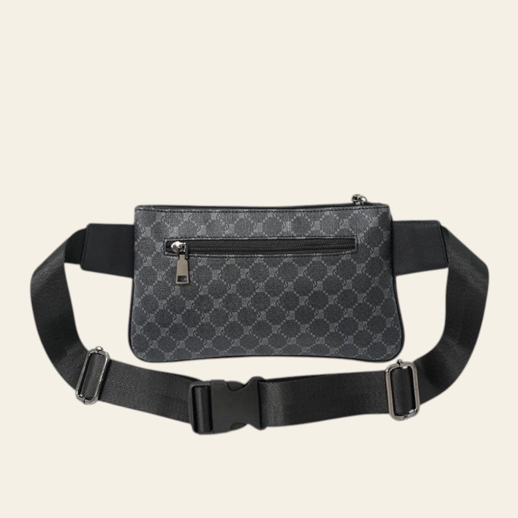 Gray patterned waist bag with black strap on a white background