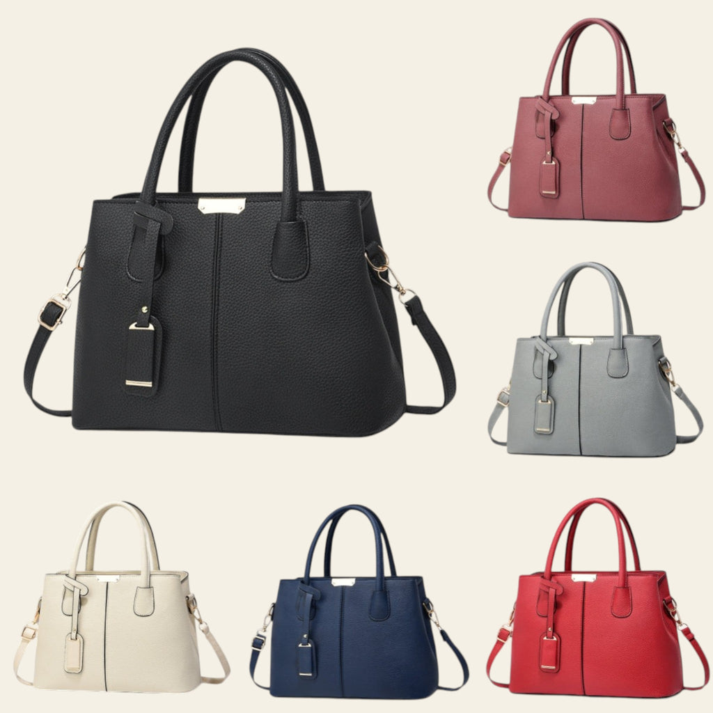 Collage of six handbags in different colors on a light gray background