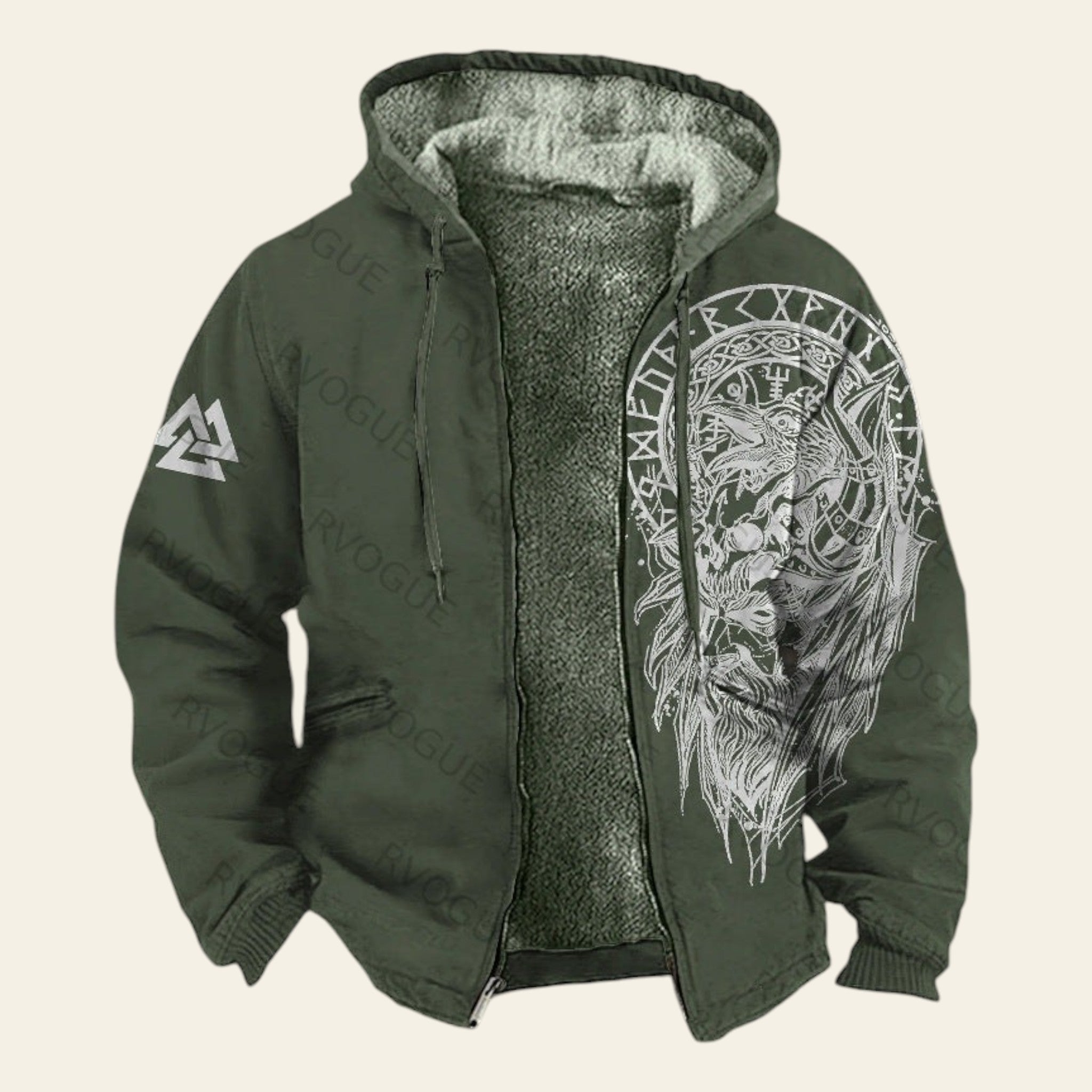 Men's green hooded jacket with graphic sleeve print and fleece lining on textured background