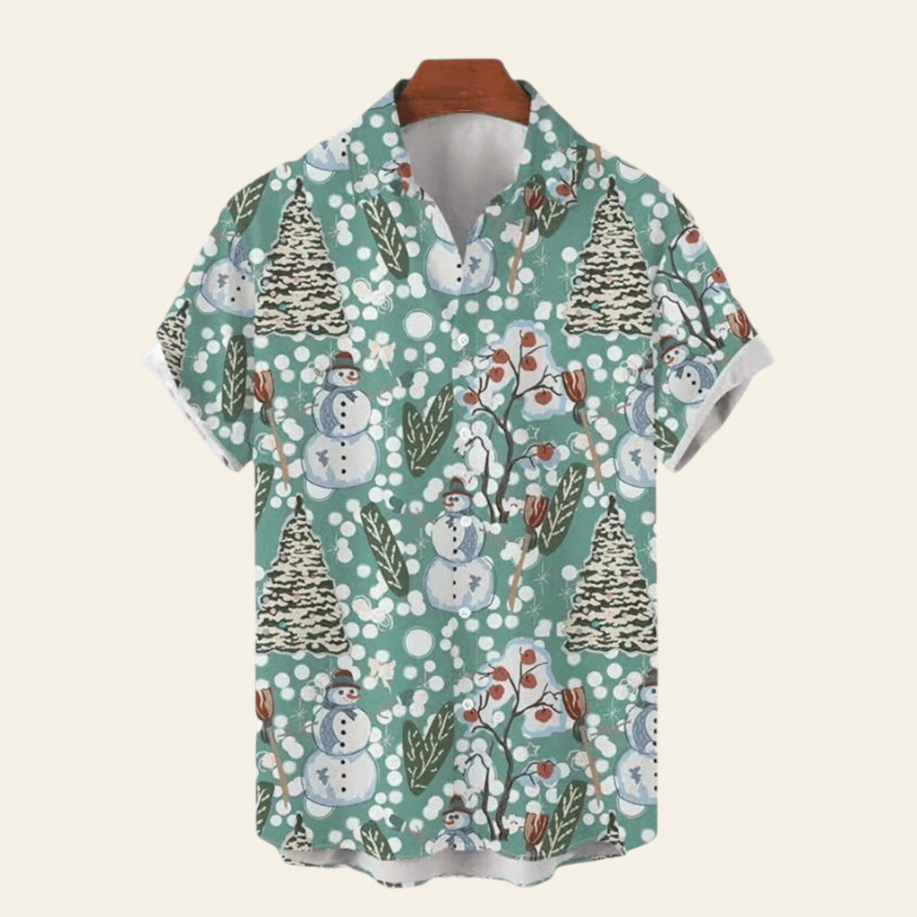 Light blue men's short sleeve shirt with cartoon snowman and winter pattern, casual lapel shirt
