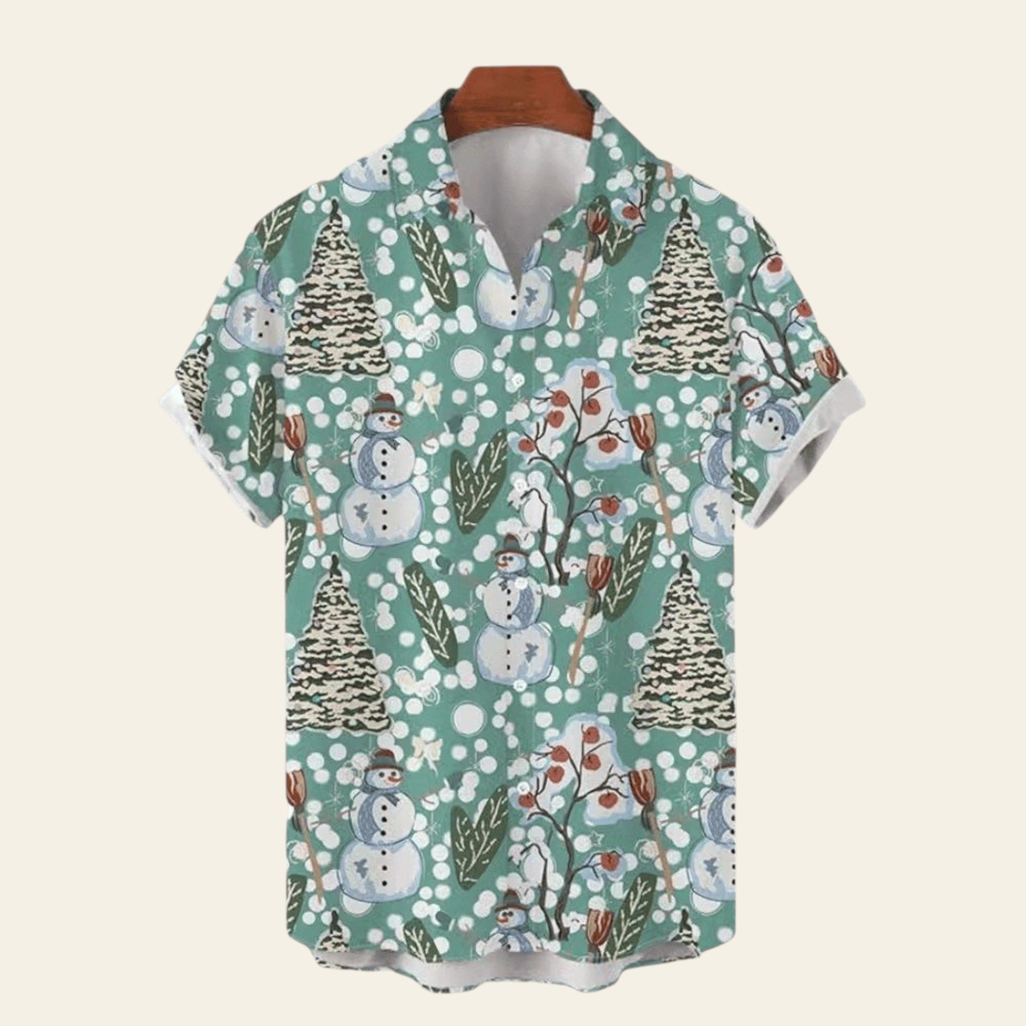 Light blue men's short sleeve shirt with cartoon snowman and winter pattern, casual lapel shirt
