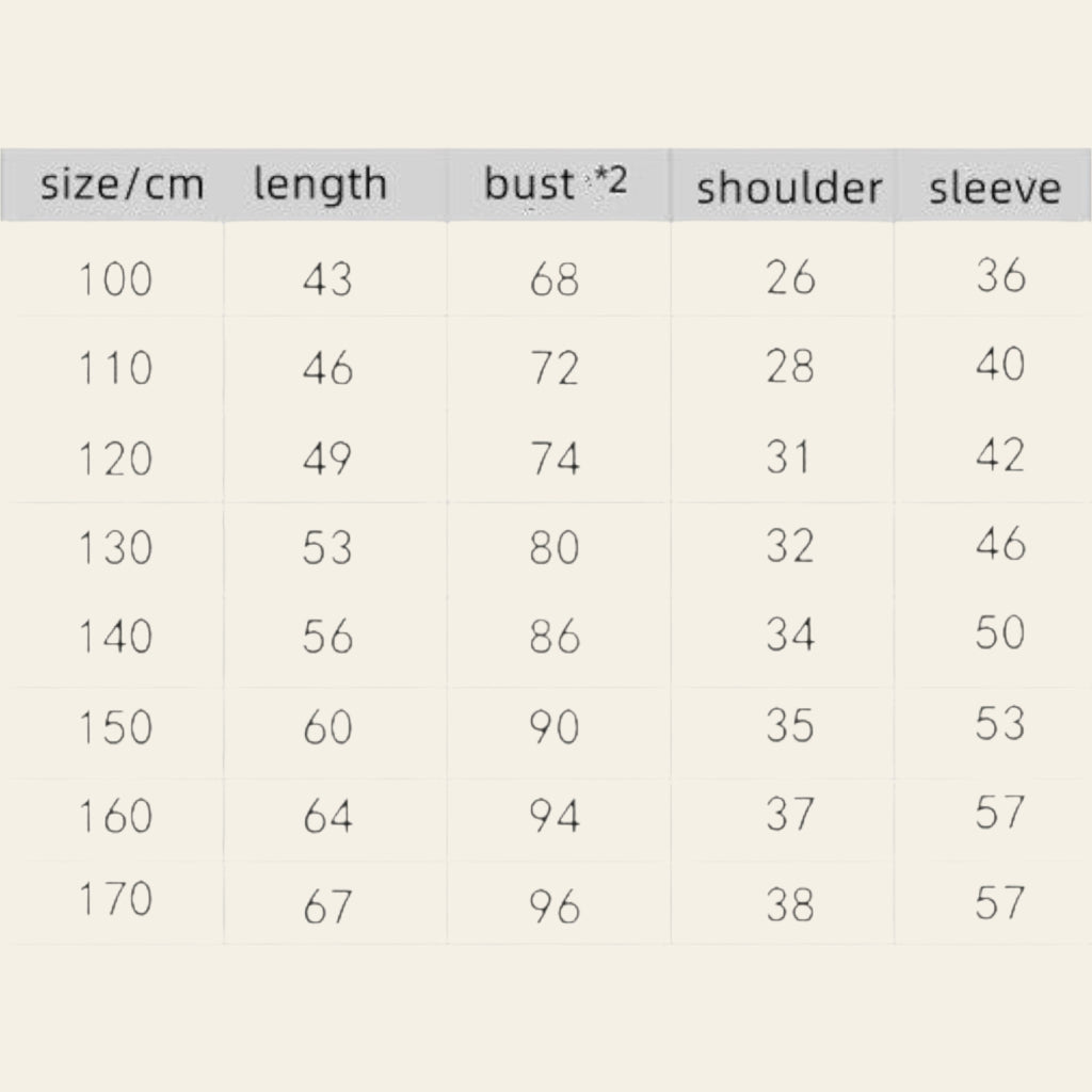 Measurement chart for clothing size with dimensions in centimeters