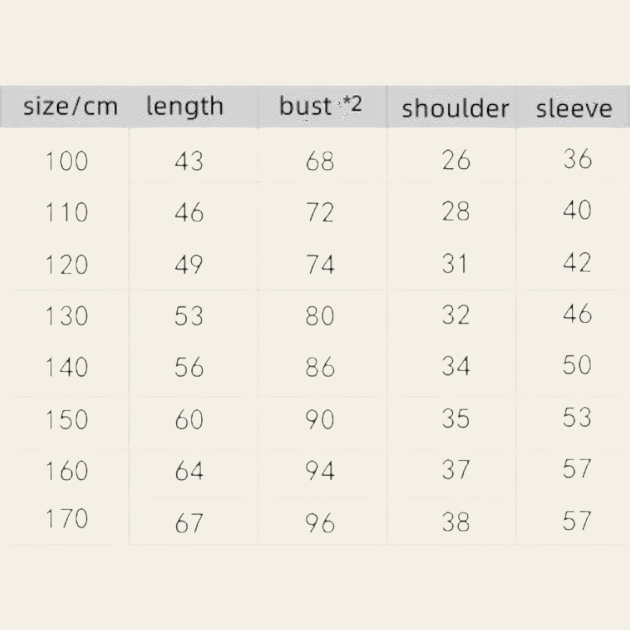 Measurement chart for clothing size with dimensions in centimeters