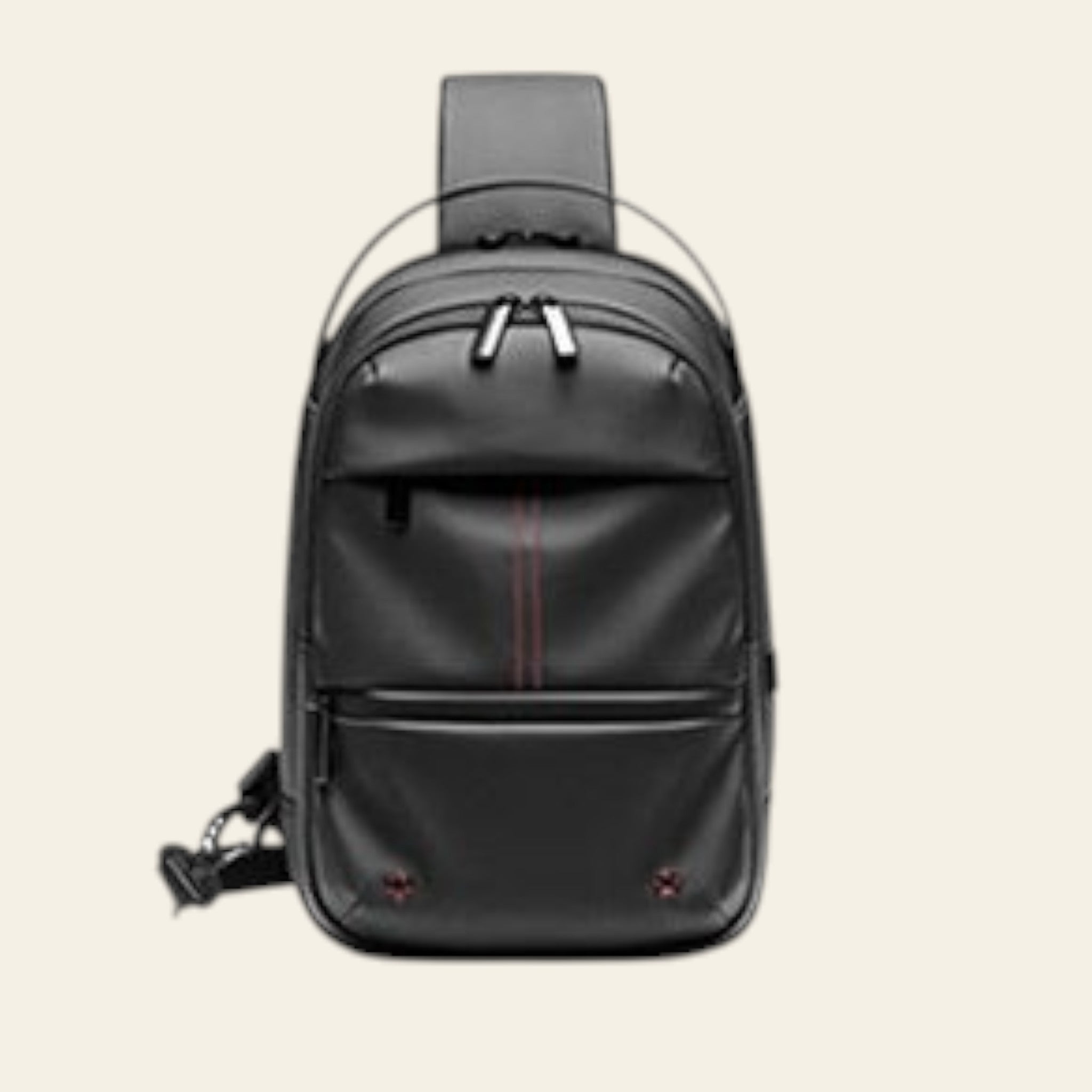Black backpack with a strap on a white background