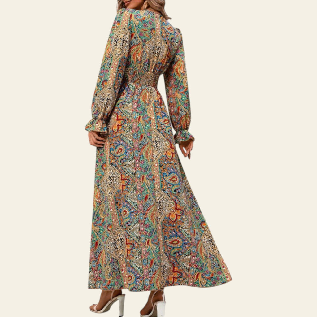 front view of women's long sleeve floral maxi dress
