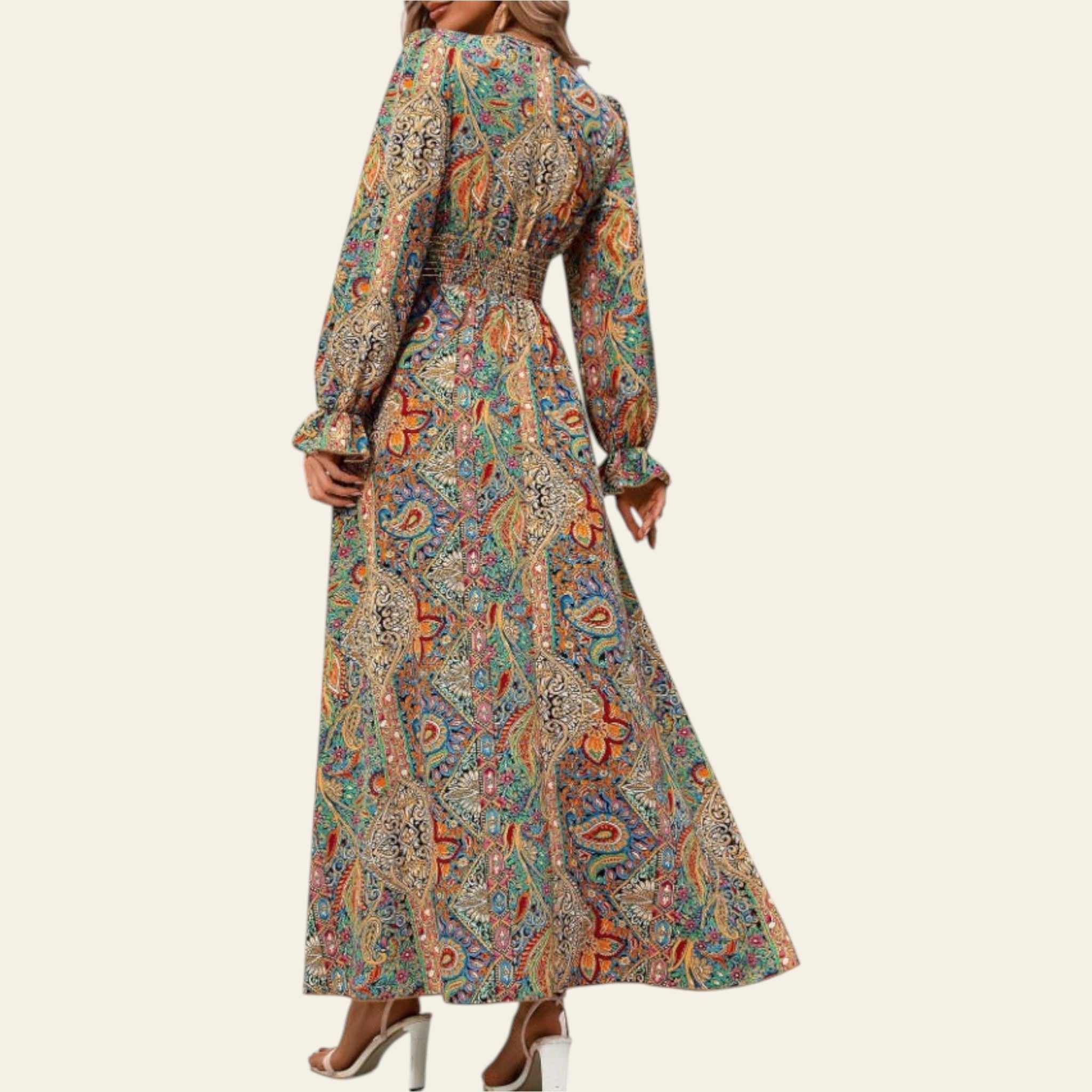 front view of women's long sleeve floral maxi dress