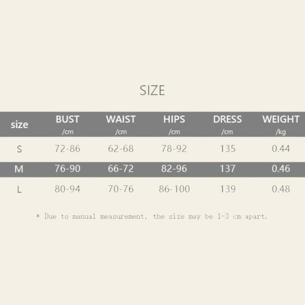 Dress size chart with measurements in cm