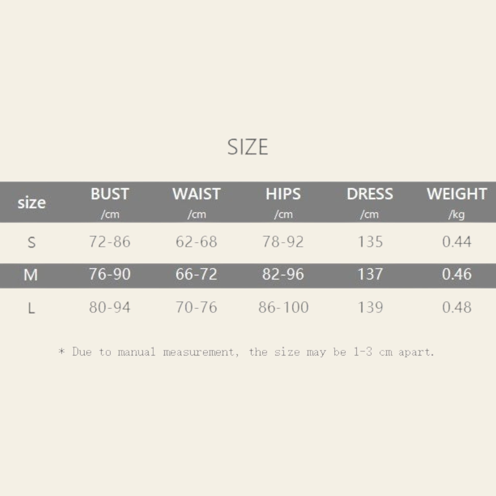 Dress size chart with measurements in cm