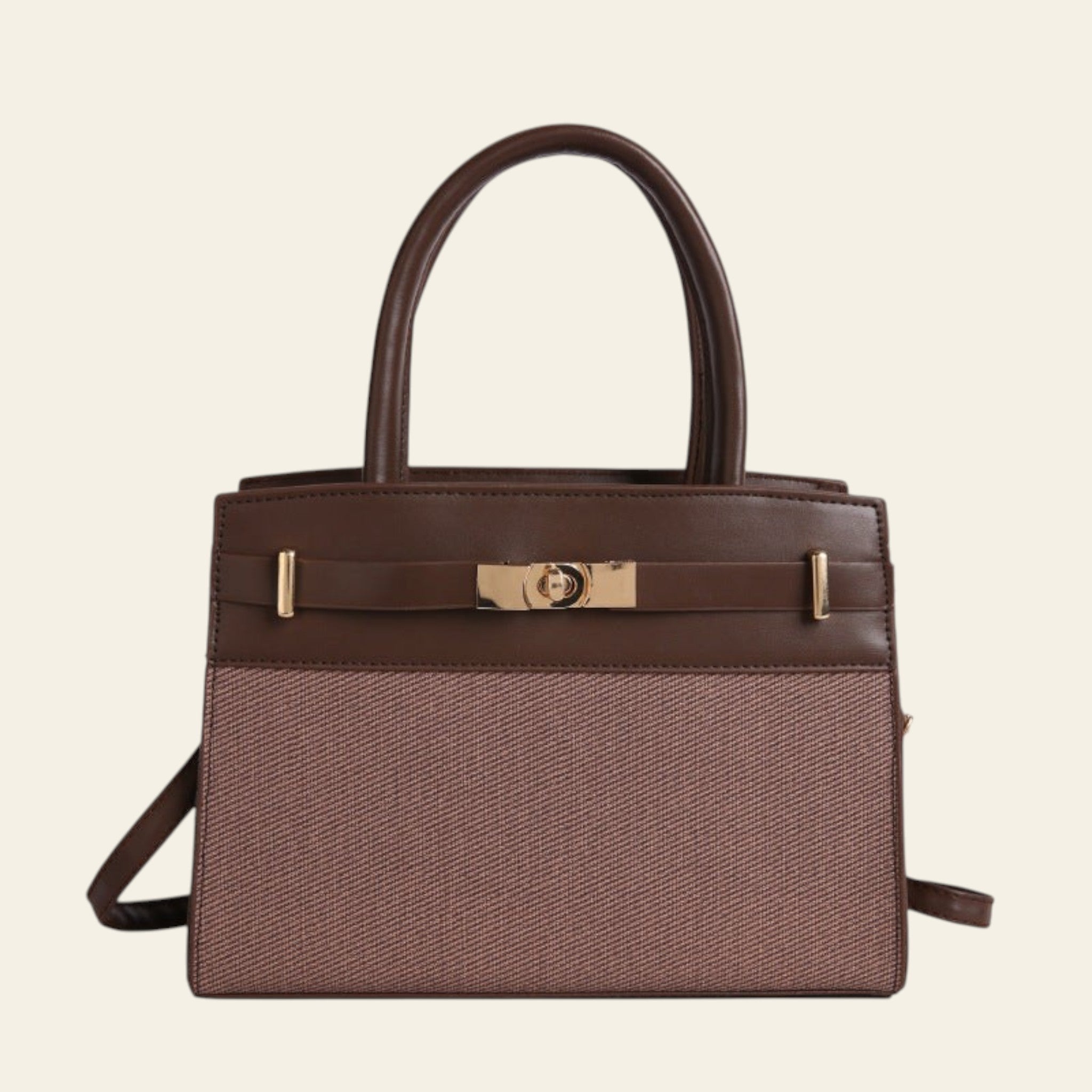 Brown handbag with a gold clasp on a white background
