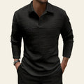 Men wearing black textured long sleeve polo shirt