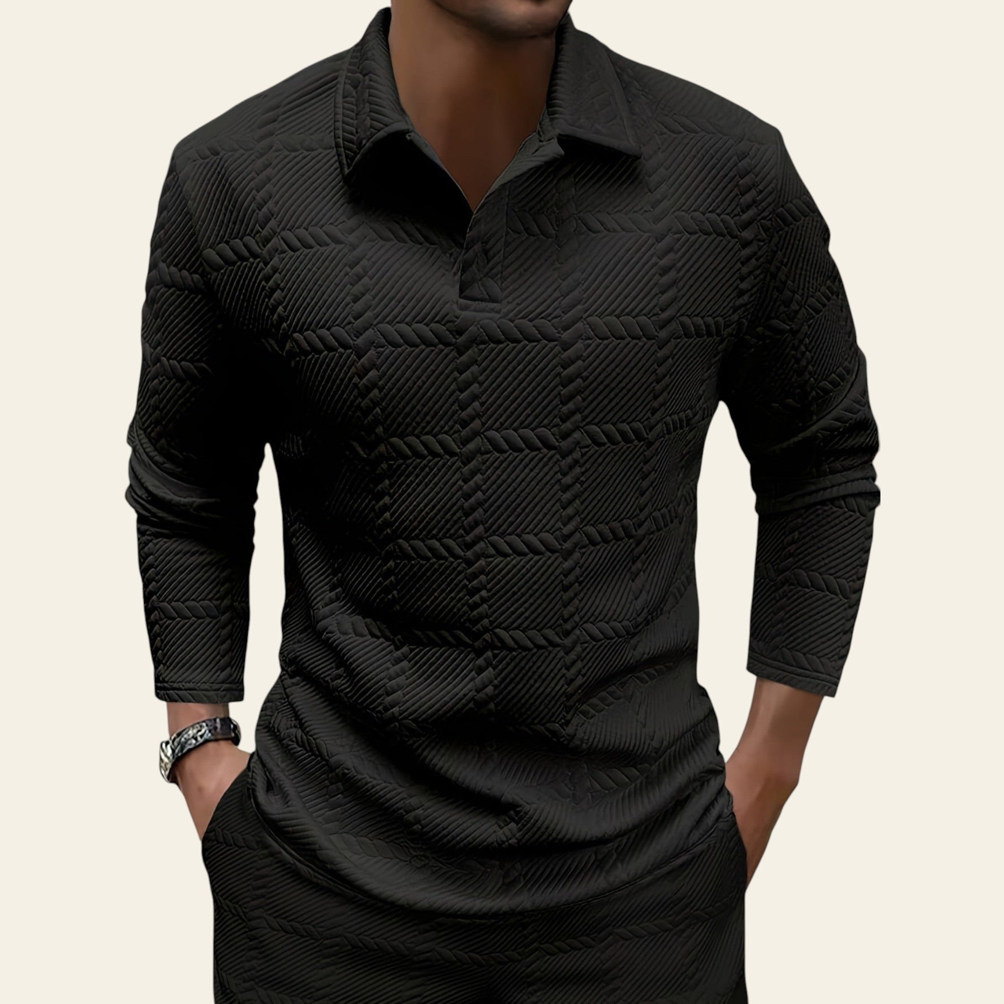 Men wearing black textured long sleeve polo shirt