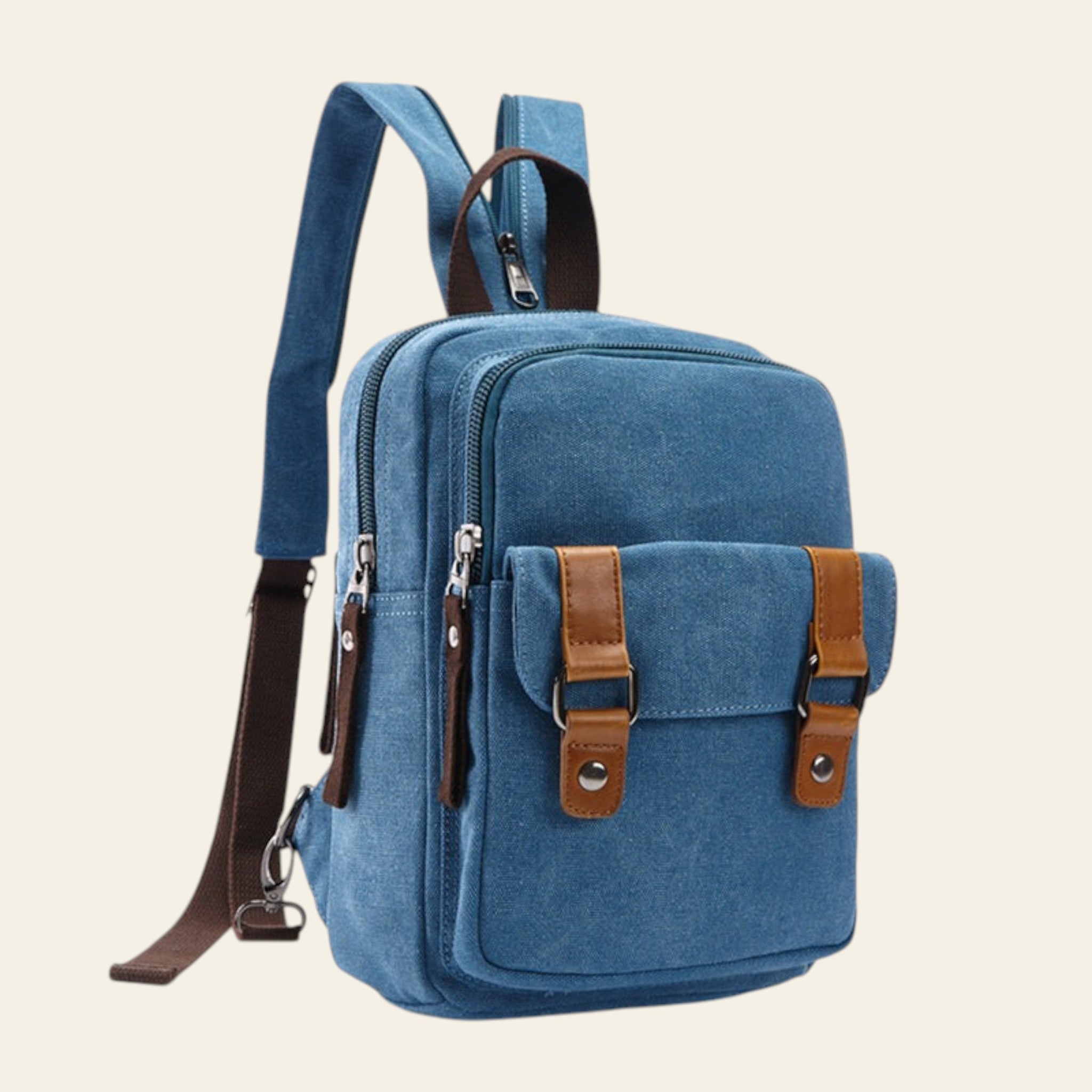 Blue backpack with brown accents on a white background