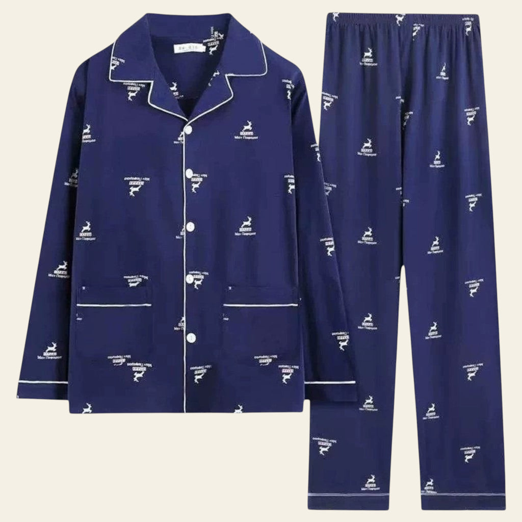 Navy blue men's pajama set with white patterns on a white background