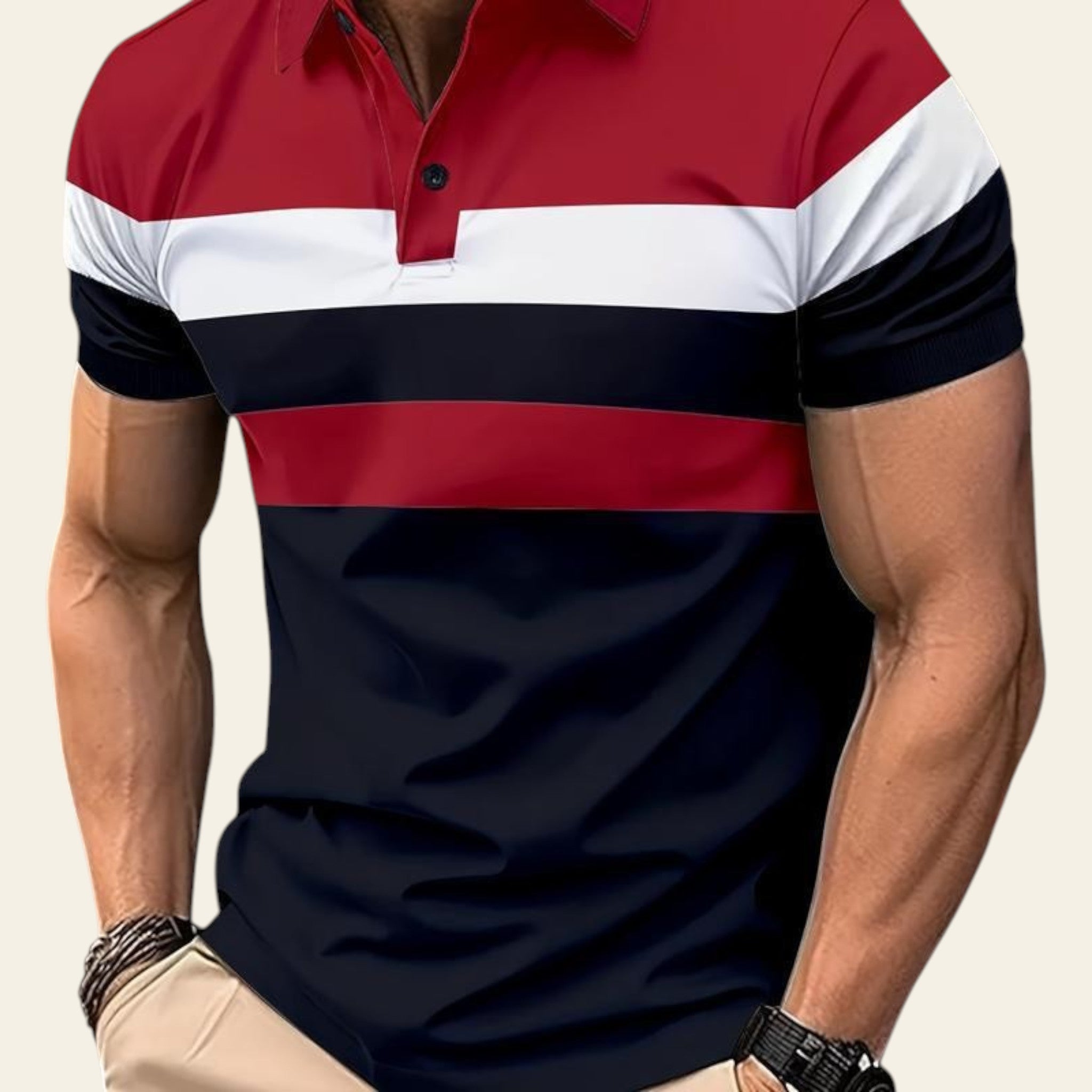Man wearing a navy blue polo shirt with red, white, and black horizontal stripes on a city street