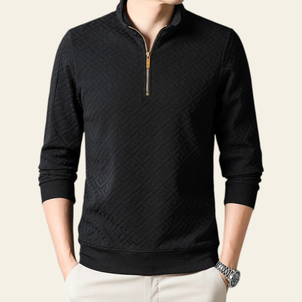 Men's black textured half-zip long sleeve pullover shirt with stand collar