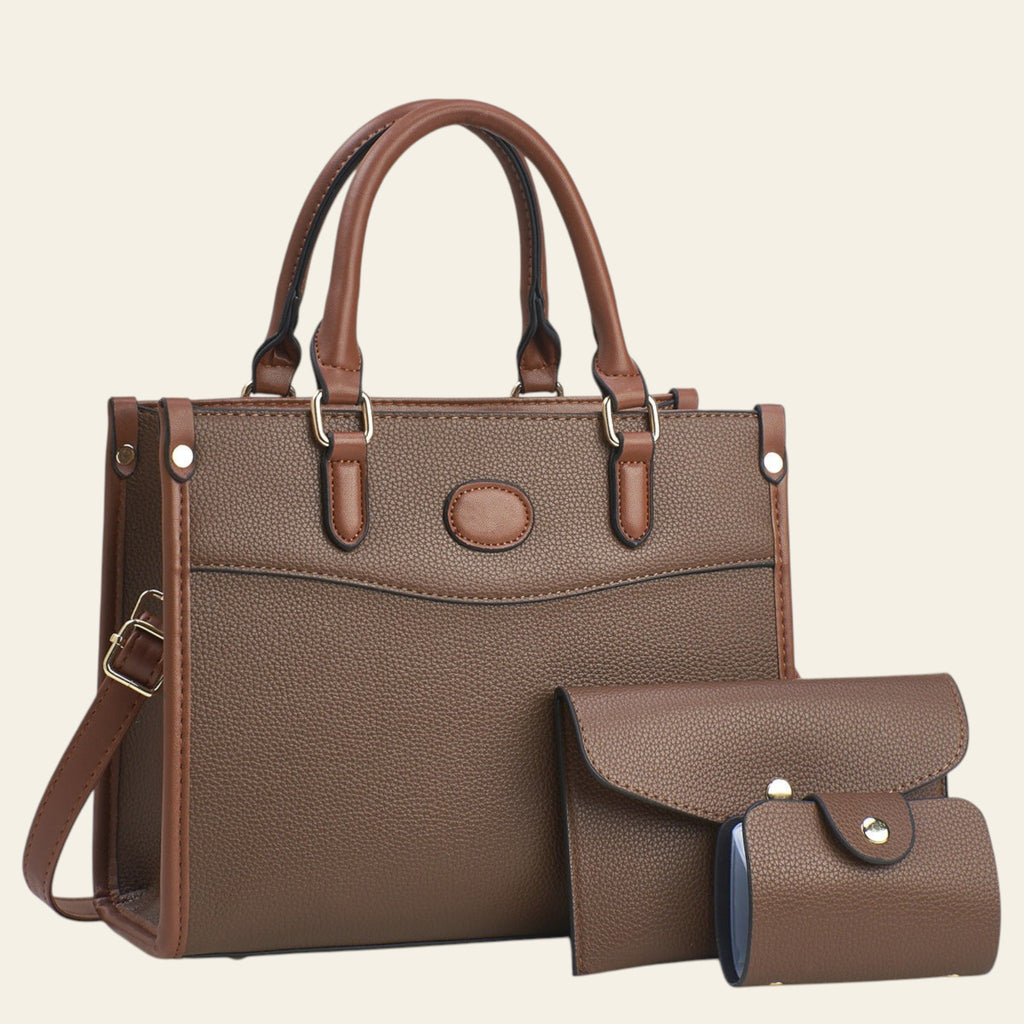 Brown handbag with matching wallet on a light background