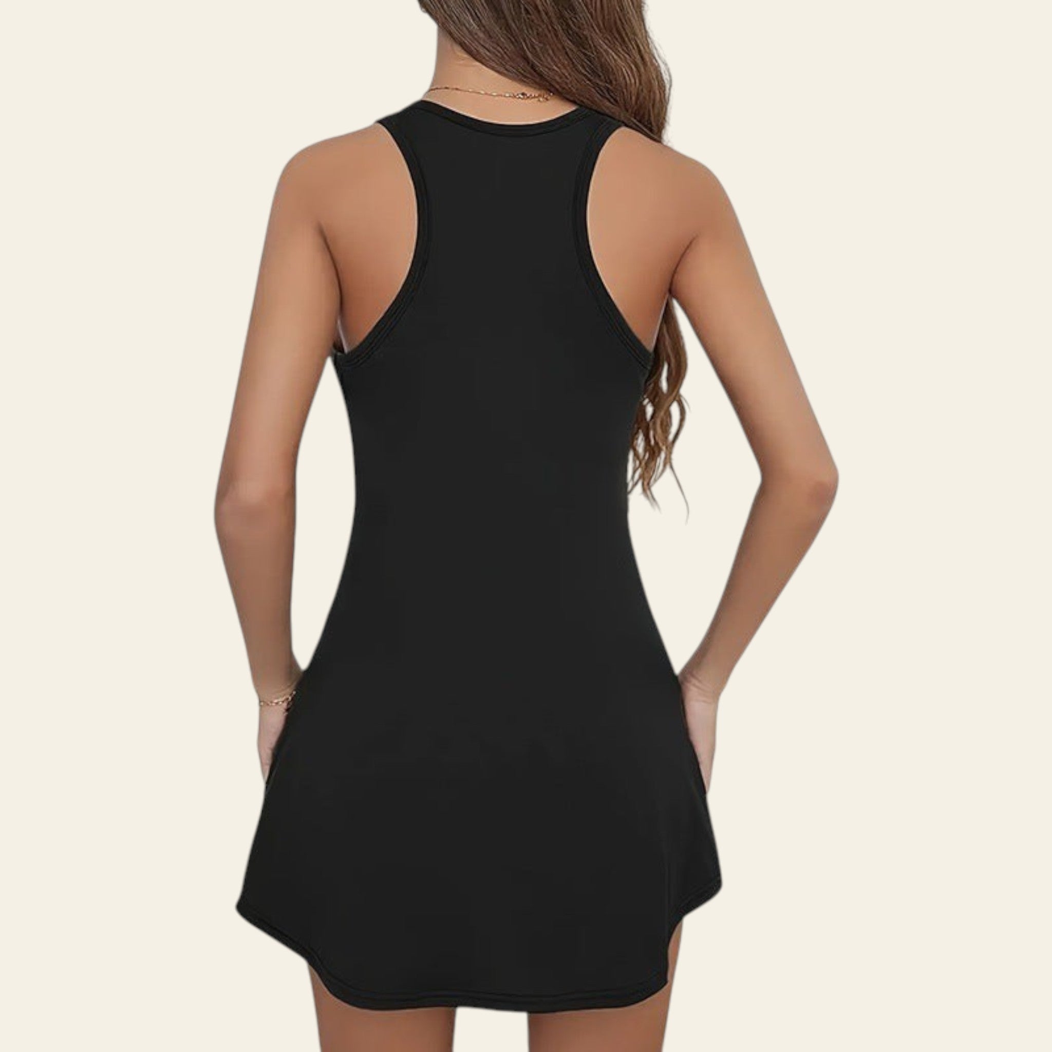 Back view of a woman wearing a black sleeveless casual dress
