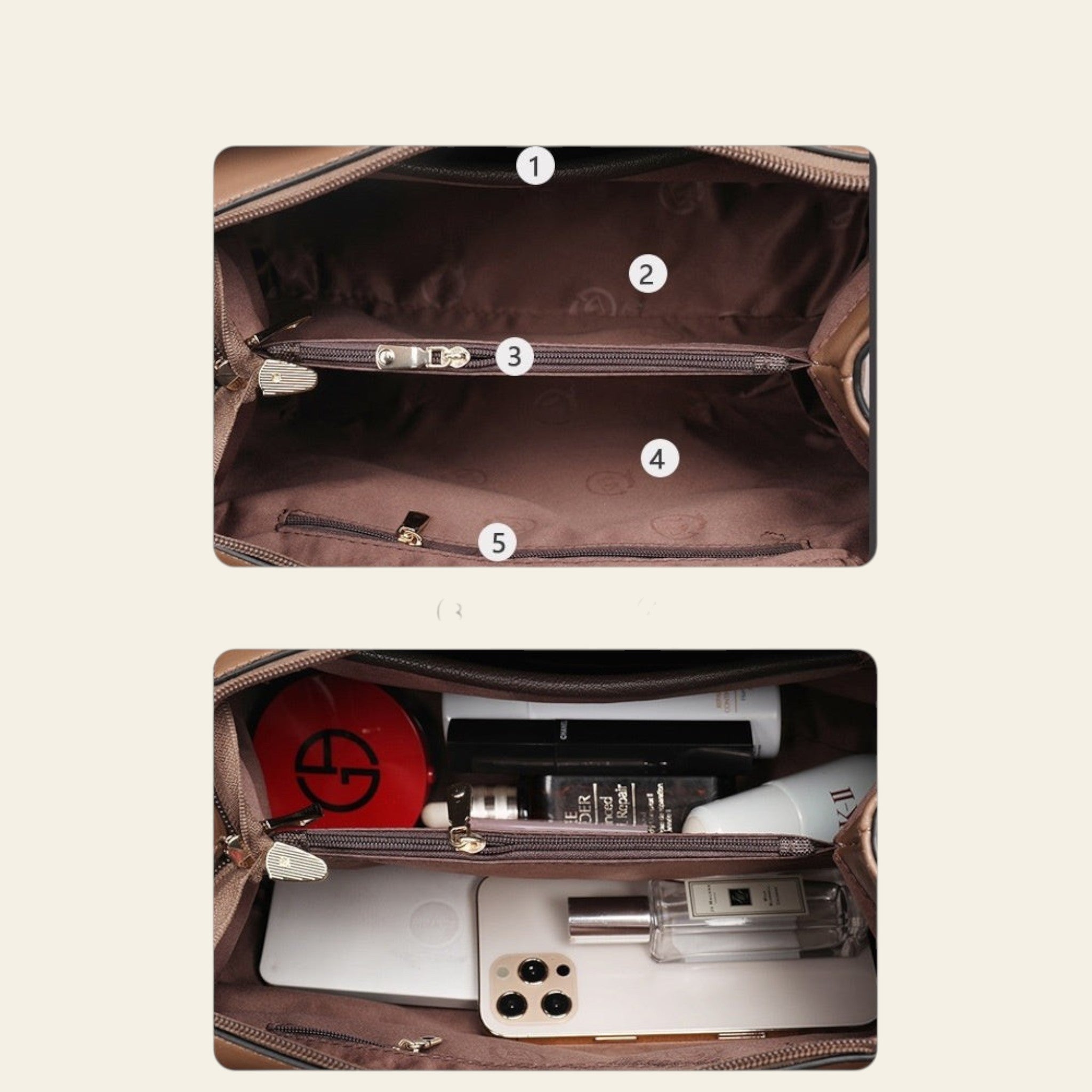 Open brown bag with labeled compartments and items inside.