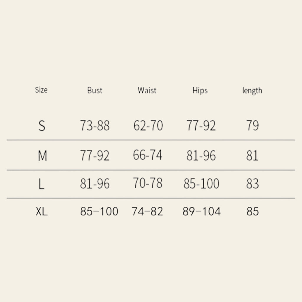 Dress size chart showing bust, waist, hips, and length measurement for S-XL